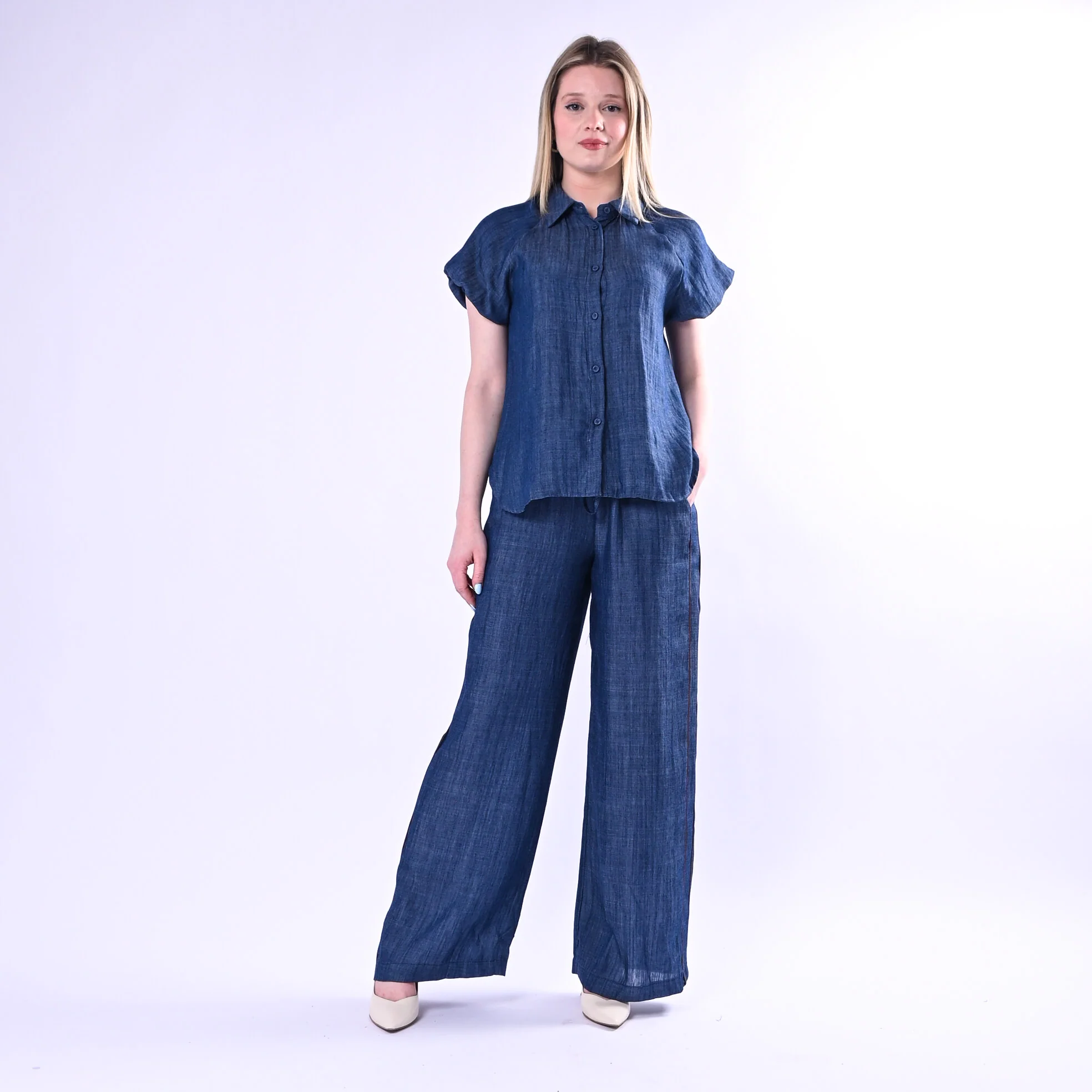 TENSIONE IN - PANTALONE PALAZZO CHAMBRAY CON PROFILI LATERALI ART. S26PB88/B - BLU - Image 6