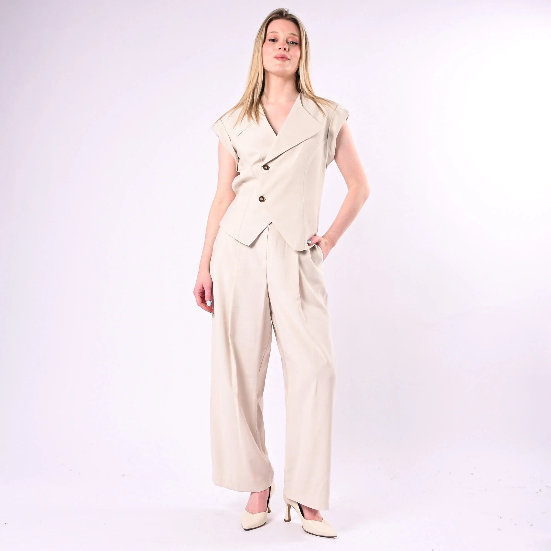 TENSIONE IN - PANTALONE PALAZZO CON PINCES ART. 26P4818/A - AVORIO - Image 6