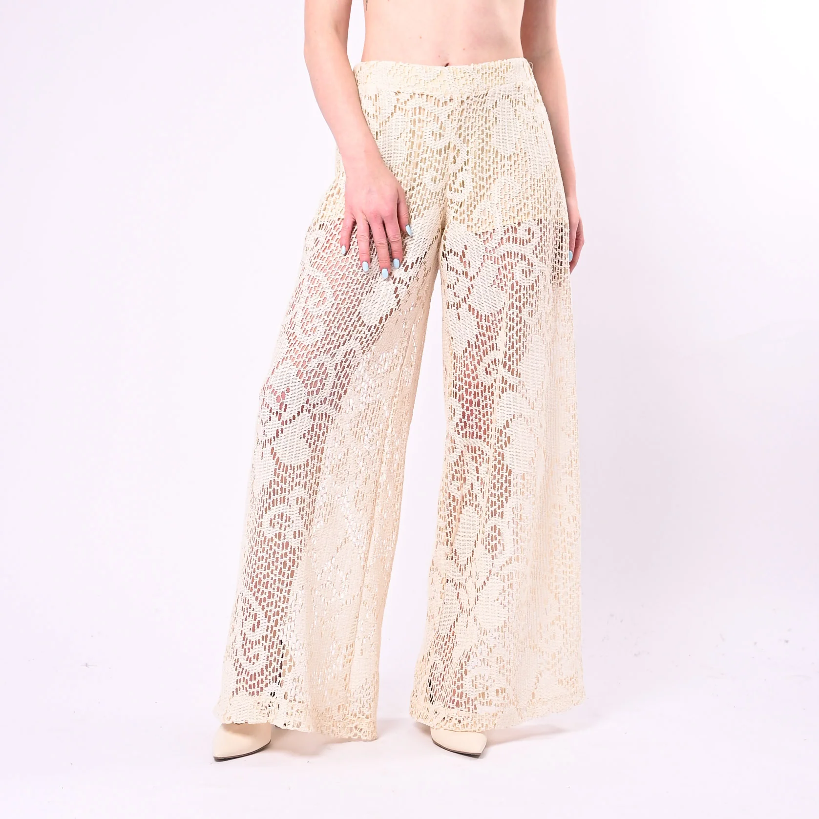 TENSIONE IN - PANTALONE PALAZZO CROCHET ART. S26PC11/P - PANNA