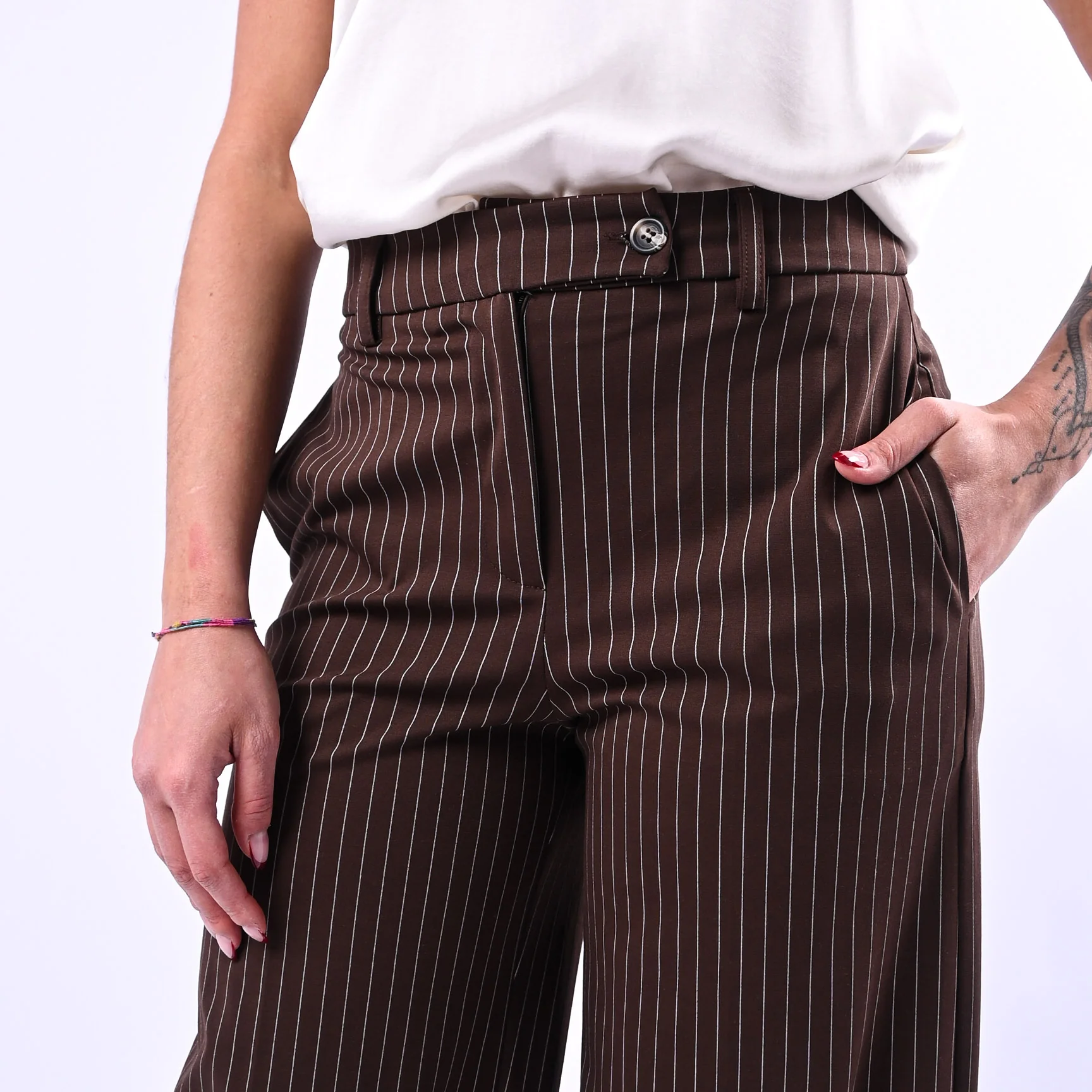 TENSIONE IN - PANTALONE PALAZZO GESSATO PUNTO MILANO ART.26B4075 - MORO - Image 5