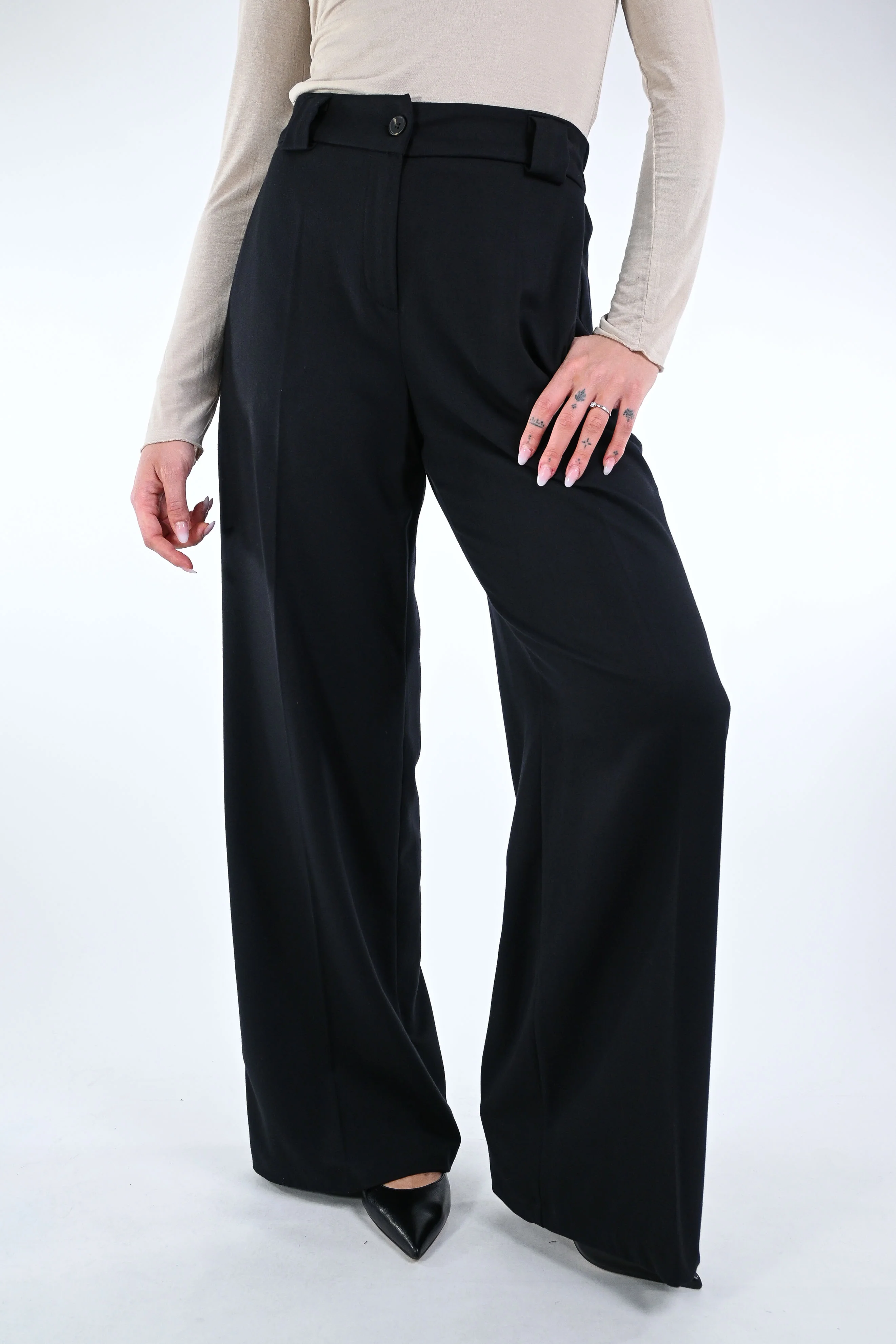 TENSIONE IN - PANTALONE PALAZZO FLANELLA ART.26P1575 - NERO