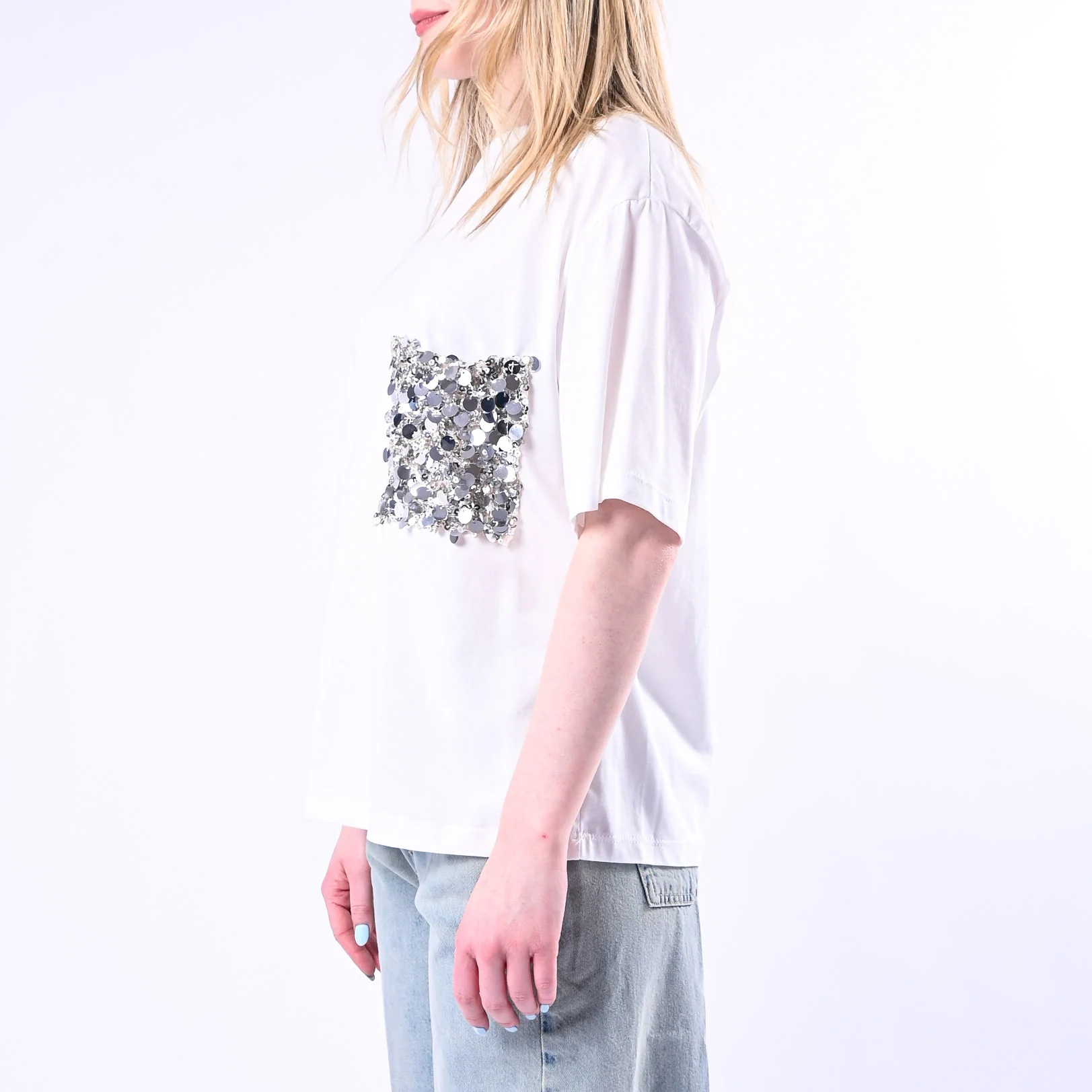 TENSIONE IN - T-SHIRT A SCATOLA TASCA PAILLETTES ART.260112/P - PANNA - Image 3