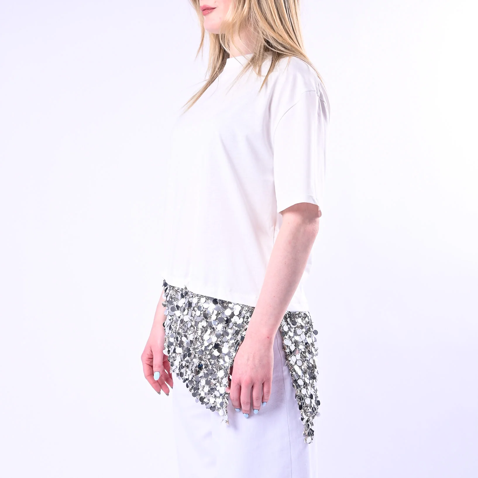 TENSIONE IN - T-SHIRT ASIMMETRICA CON INSERTO PAILLETTES ART.260187/P - PANNA - Image 3