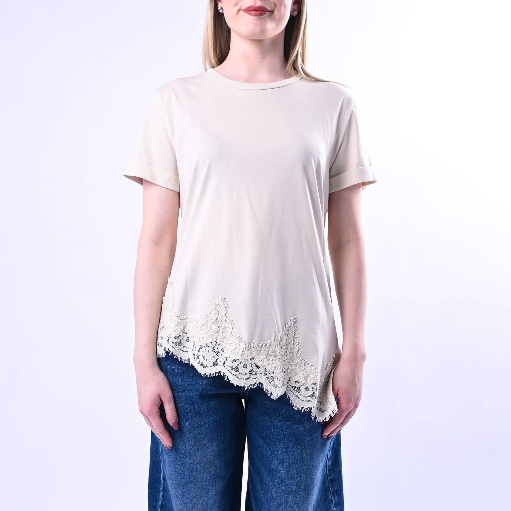 TENSIONE IN - T-SHIRT ASSIMMETRICA CON PIZZO ART.S26MA79/BU - BURRO