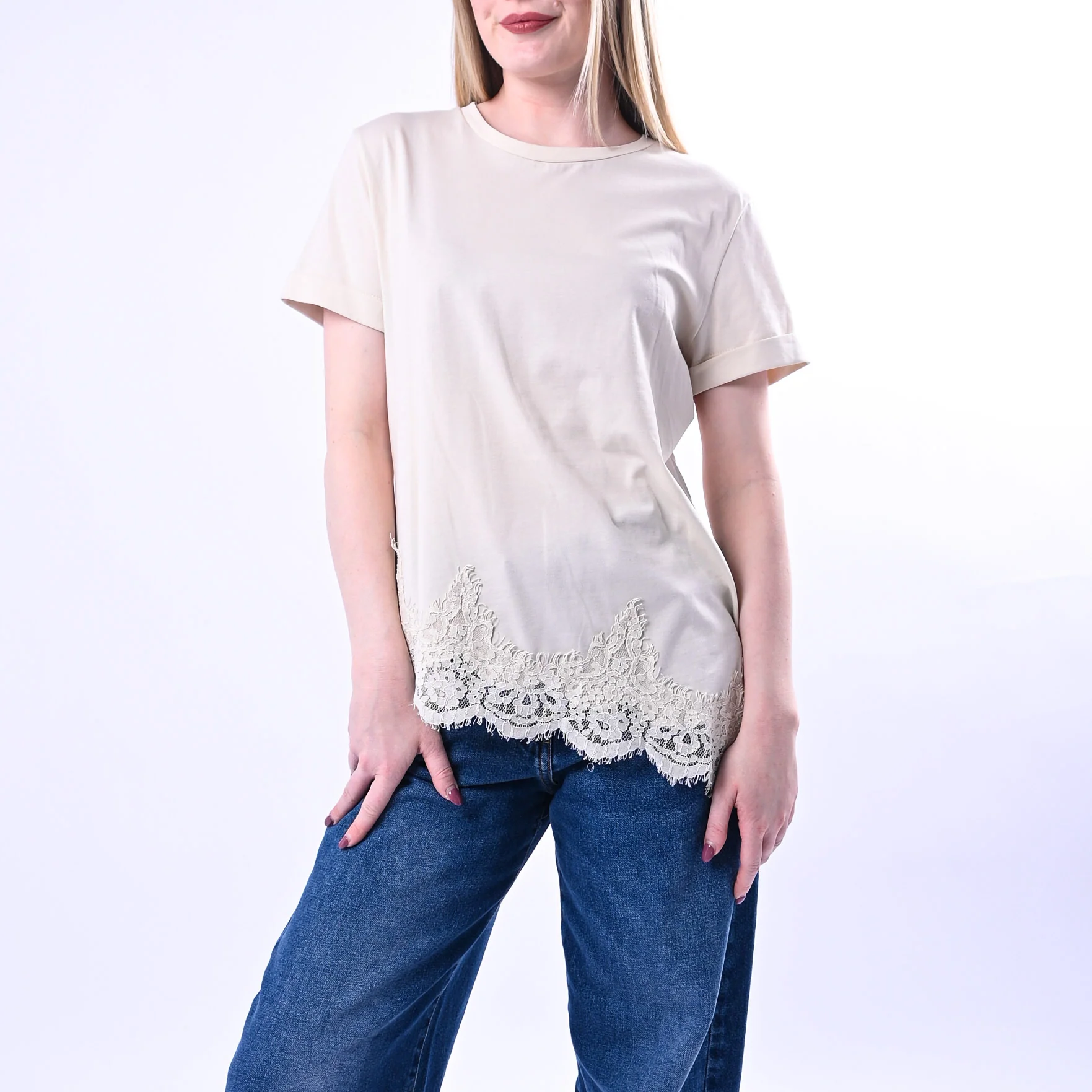 TENSIONE IN - T-SHIRT ASSIMMETRICA CON PIZZO ART.S26MA79/BU - BURRO - Image 5