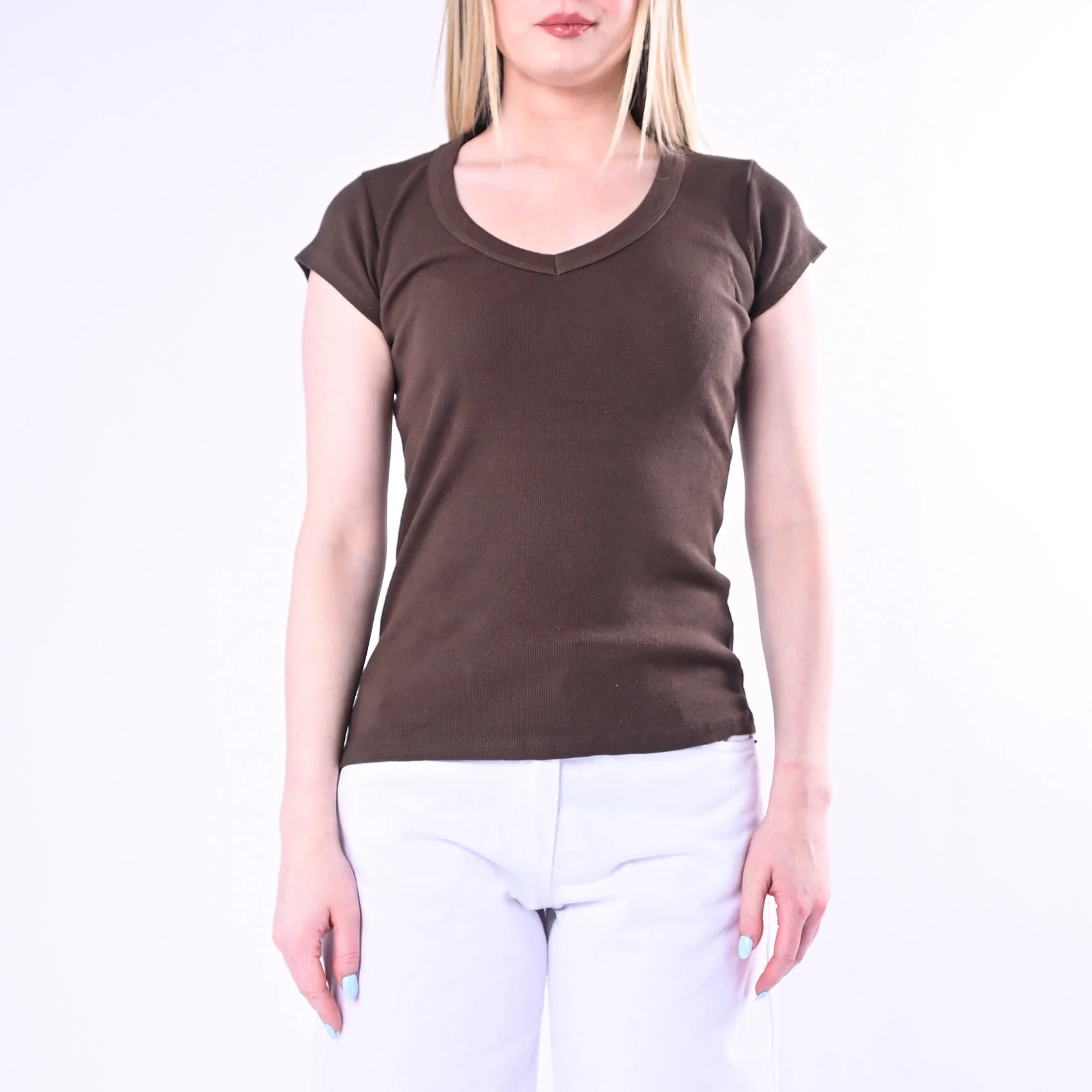 TENSIONE IN - T-SHIRT SCOLLO V A COSTINE ART.21005/C - CIOCCOLATO - Image 2