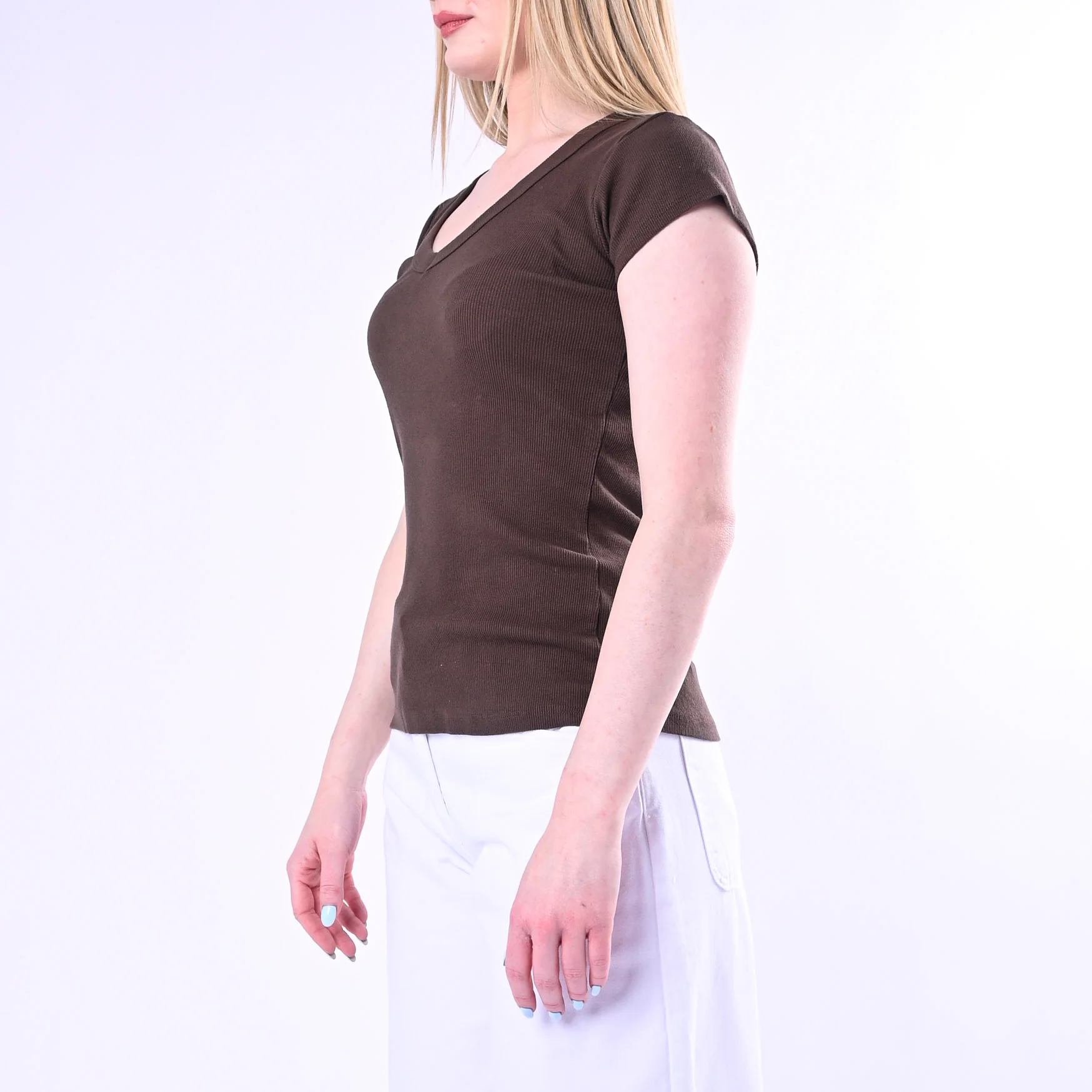 TENSIONE IN - T-SHIRT SCOLLO V A COSTINE ART.21005/C - CIOCCOLATO - Image 3