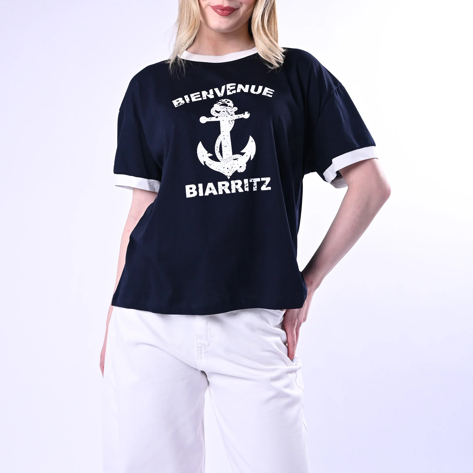 TENSIONE IN - T-SHIRT STAMPA ANCORA ART.26M4734/BP - BLU/PANNA