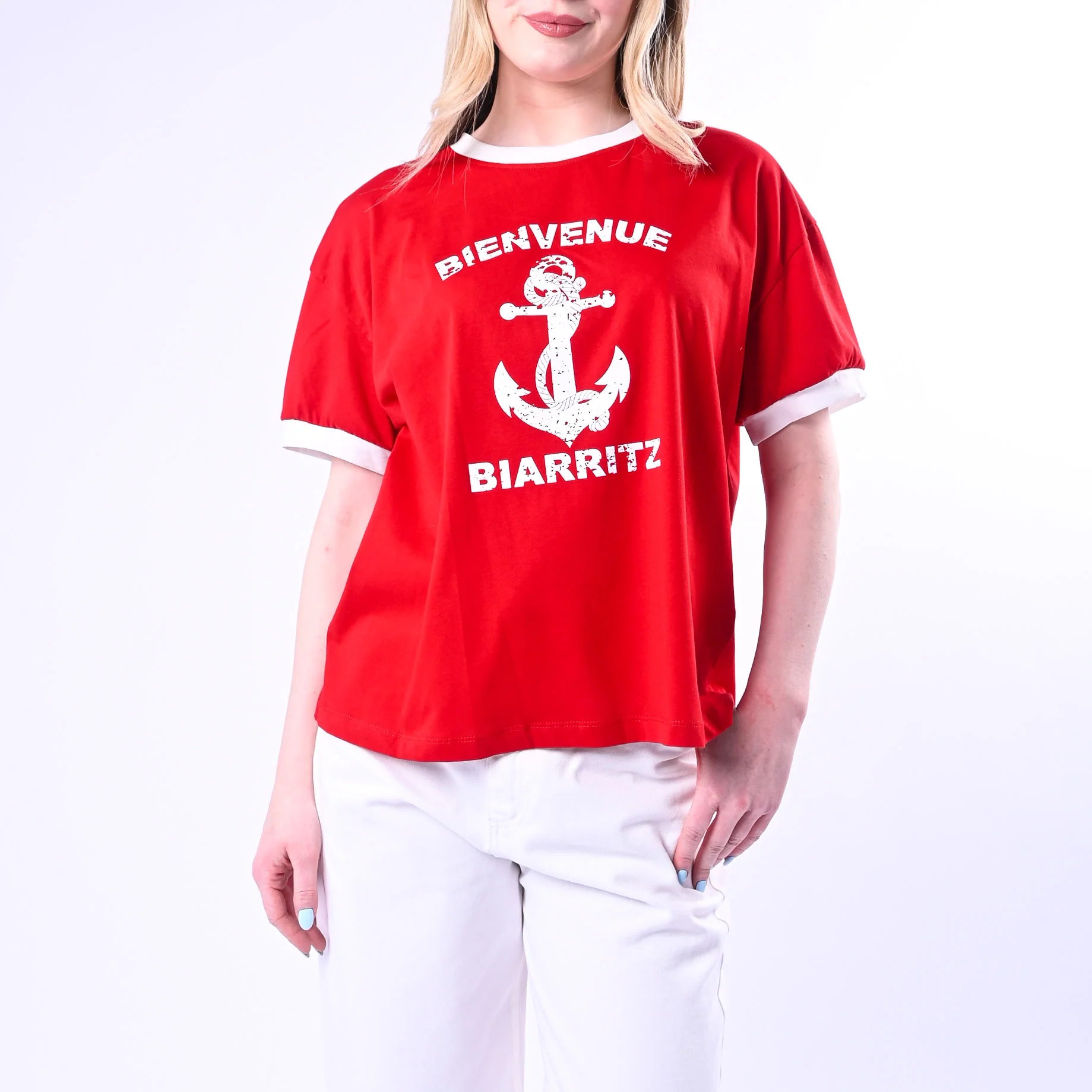 TENSIONE IN - T-SHIRT STAMPA ANCORA ART.26M4734/RP - ROSSO/PANNA