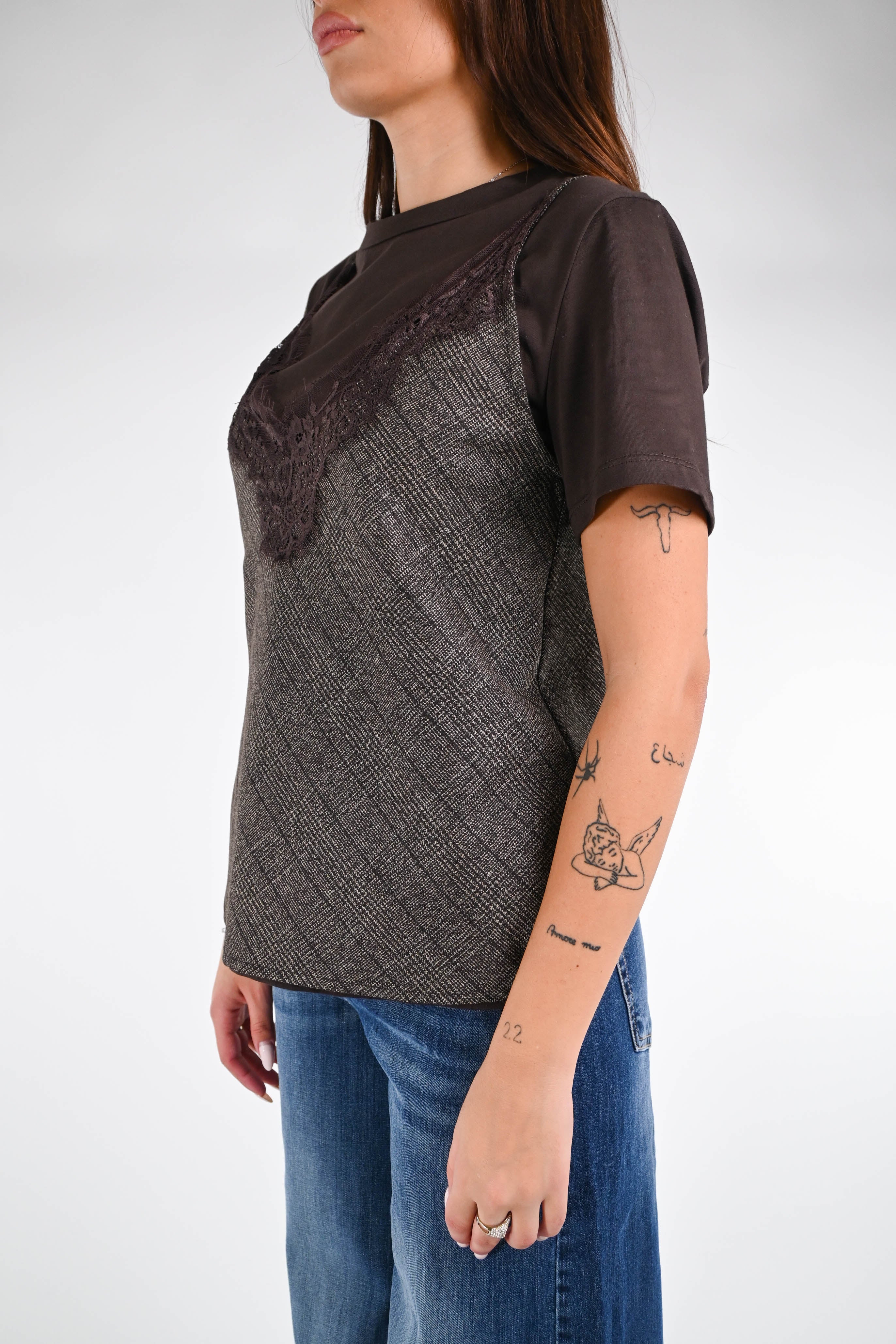 TENSIONE IN - TOP E T-SHIRT SPALLINA CON PIZZO ART.37763 - CHECK MORO - Image 3