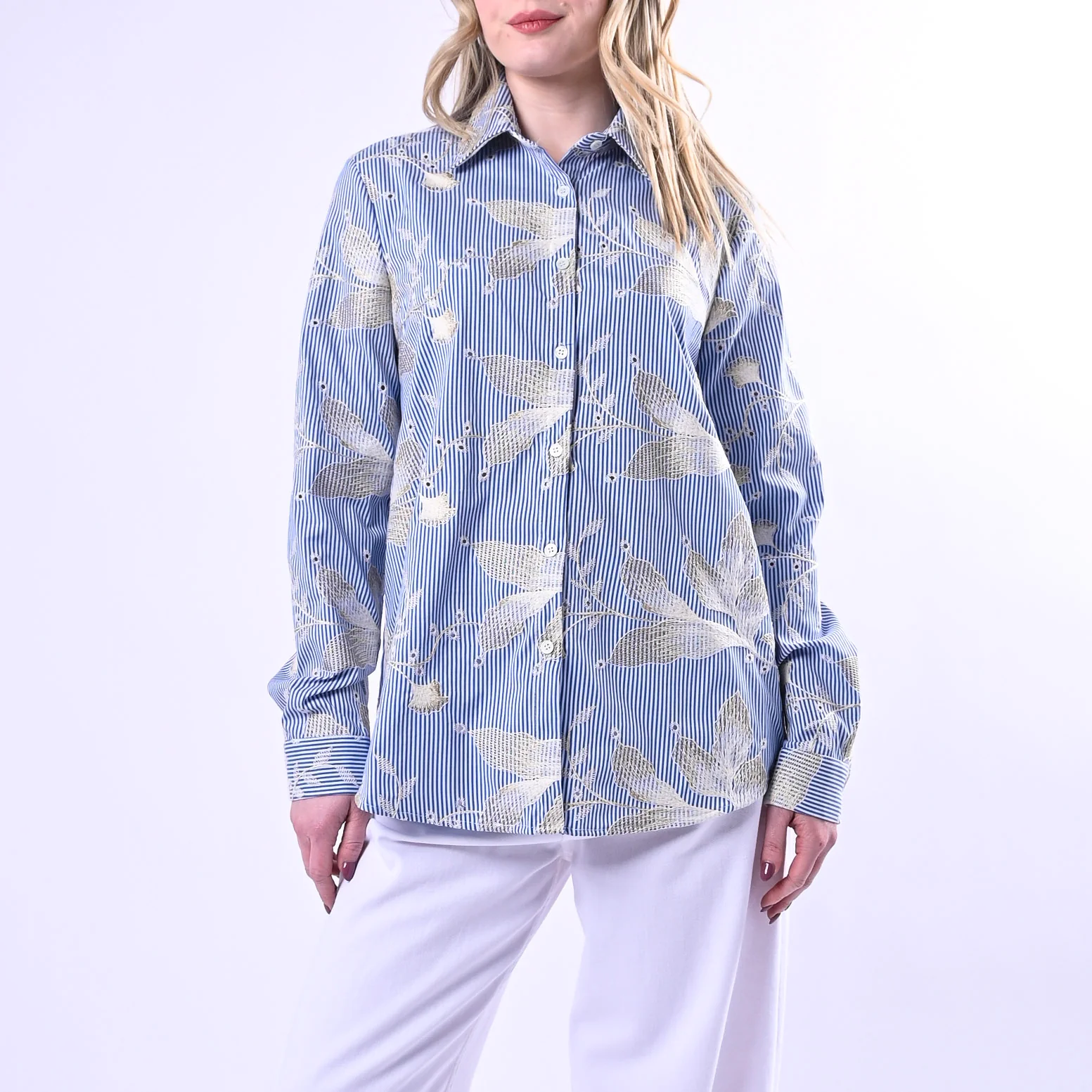 VICOLO - CAMICIA COLLETTO E BASTONCINO+RICAMO ORO ART.TAB1445 - BIANCO/CELESTE