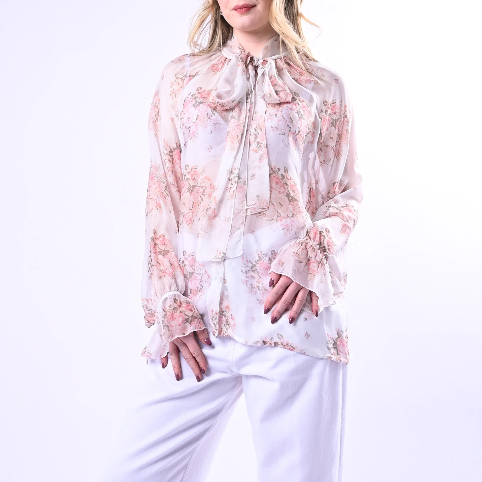 VICOLO - CAMICIA CON FIOCCO FLOREALE ART.TAB0340 - BURRO/ROSA