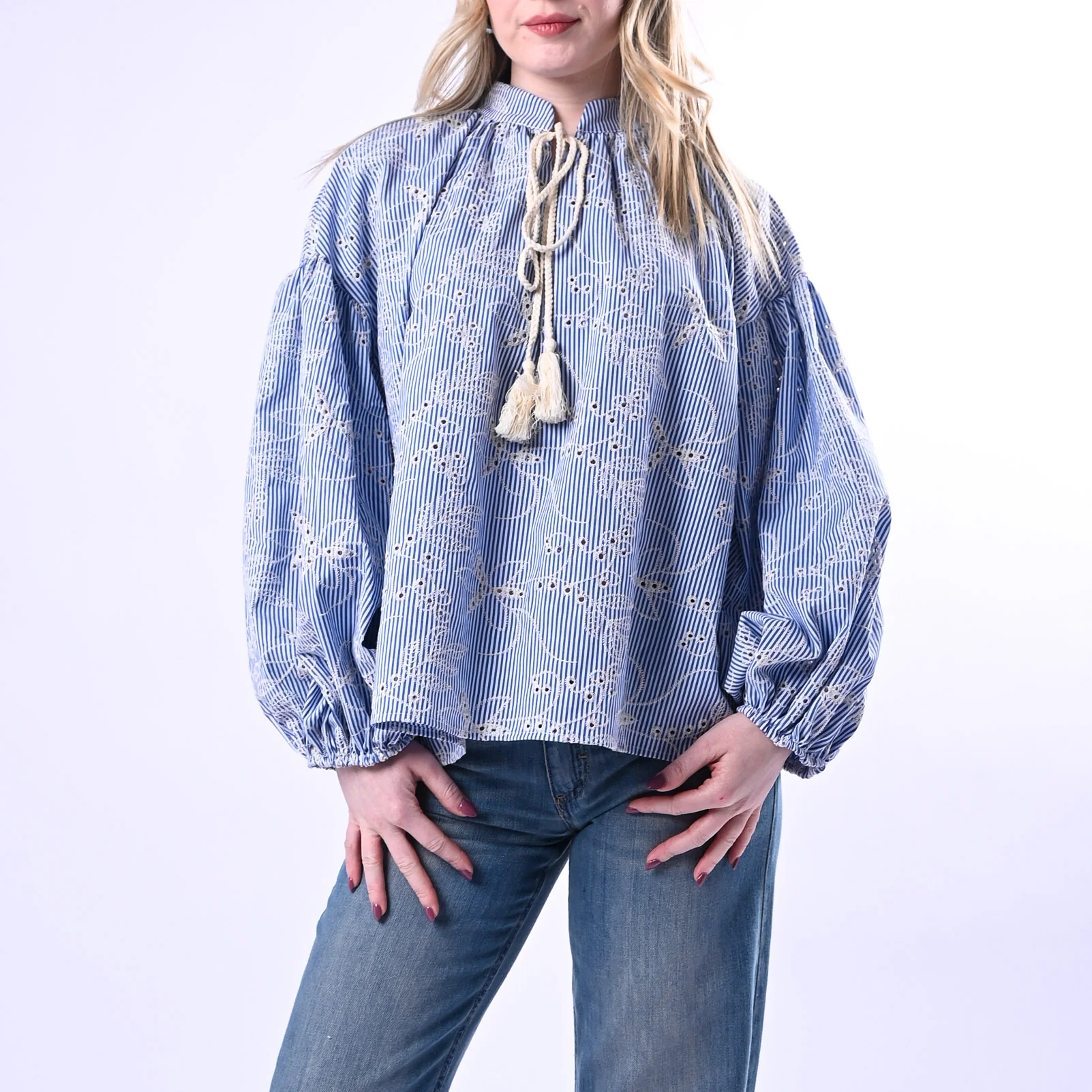 VICOLO - CAMICIA OVER BASTONCINO RICAMO SAN GALLO ART.TAB1443 - BIANCO/CELESTE
