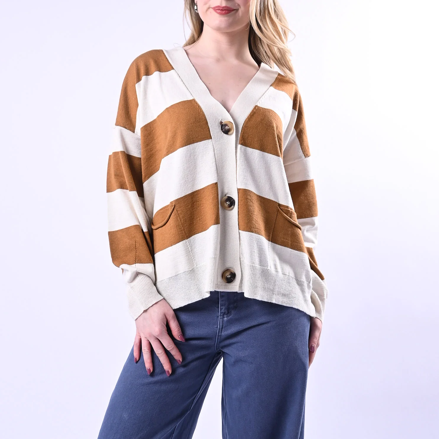 VICOLO - CARDIGAN OVER IN MAGLIA A RIGHE ART.24B3135 - BURRO/CAMMELLO