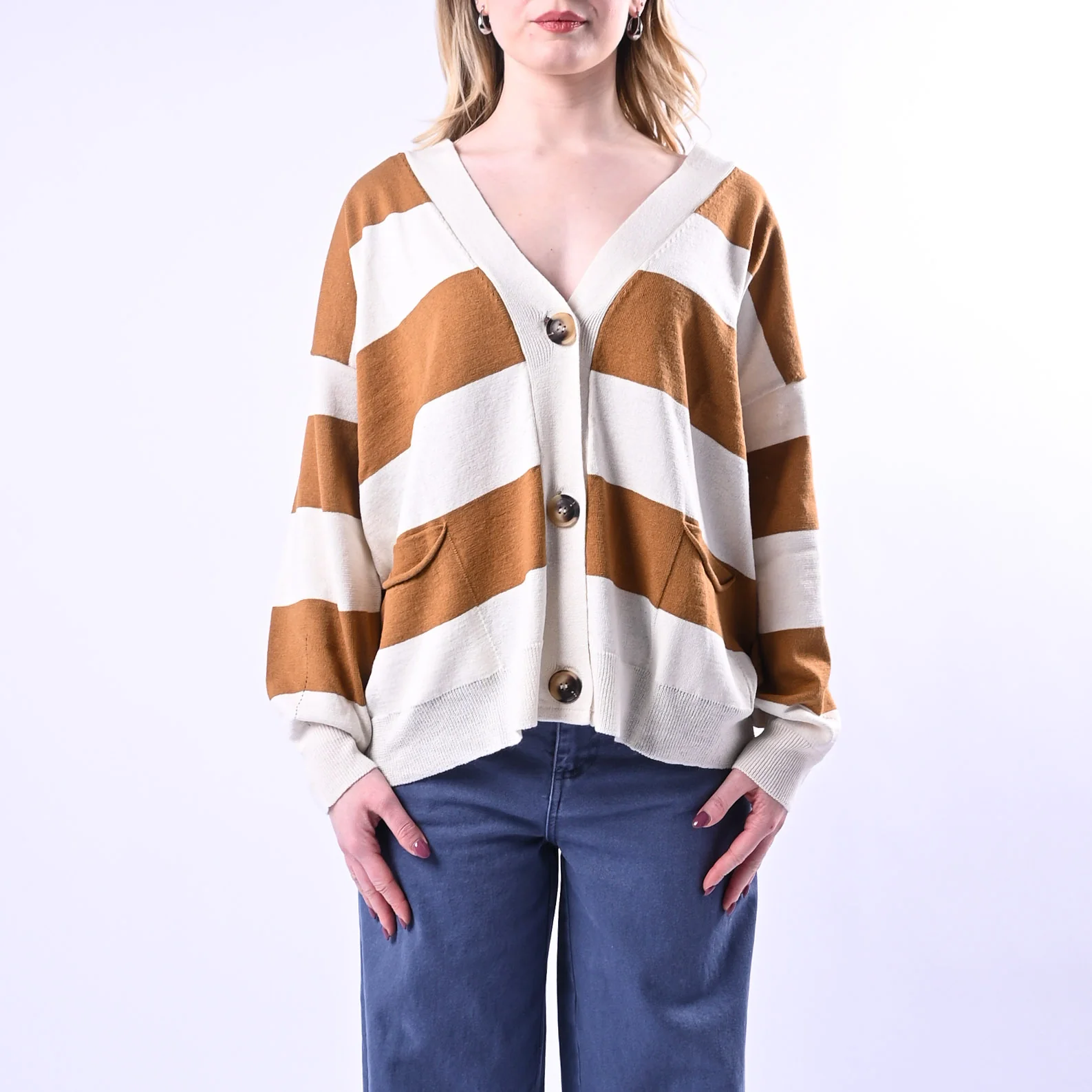 VICOLO - CARDIGAN OVER IN MAGLIA A RIGHE ART.24B3135 - BURRO/CAMMELLO - Image 2