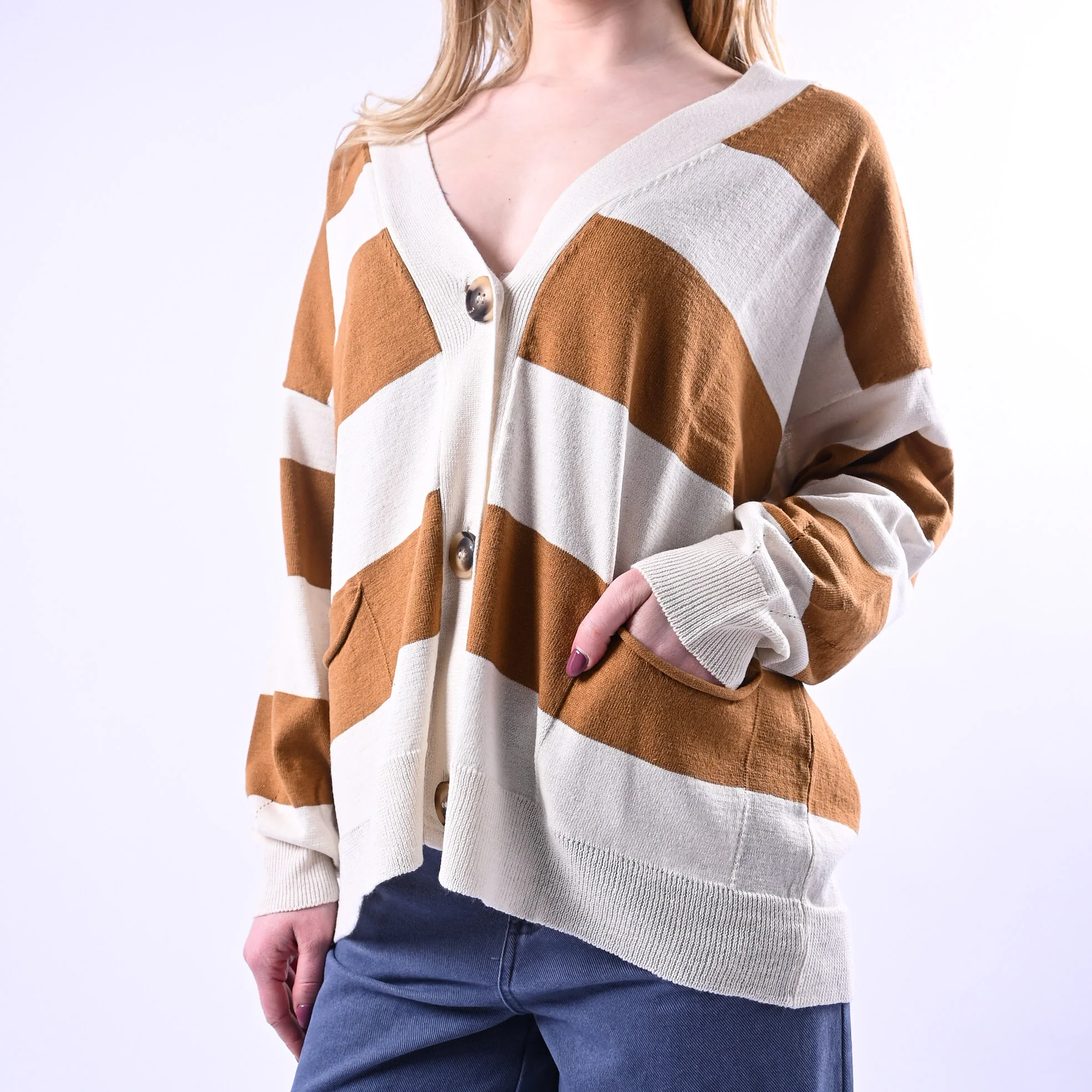 VICOLO - CARDIGAN OVER IN MAGLIA A RIGHE ART.24B3135 - BURRO/CAMMELLO - Image 5