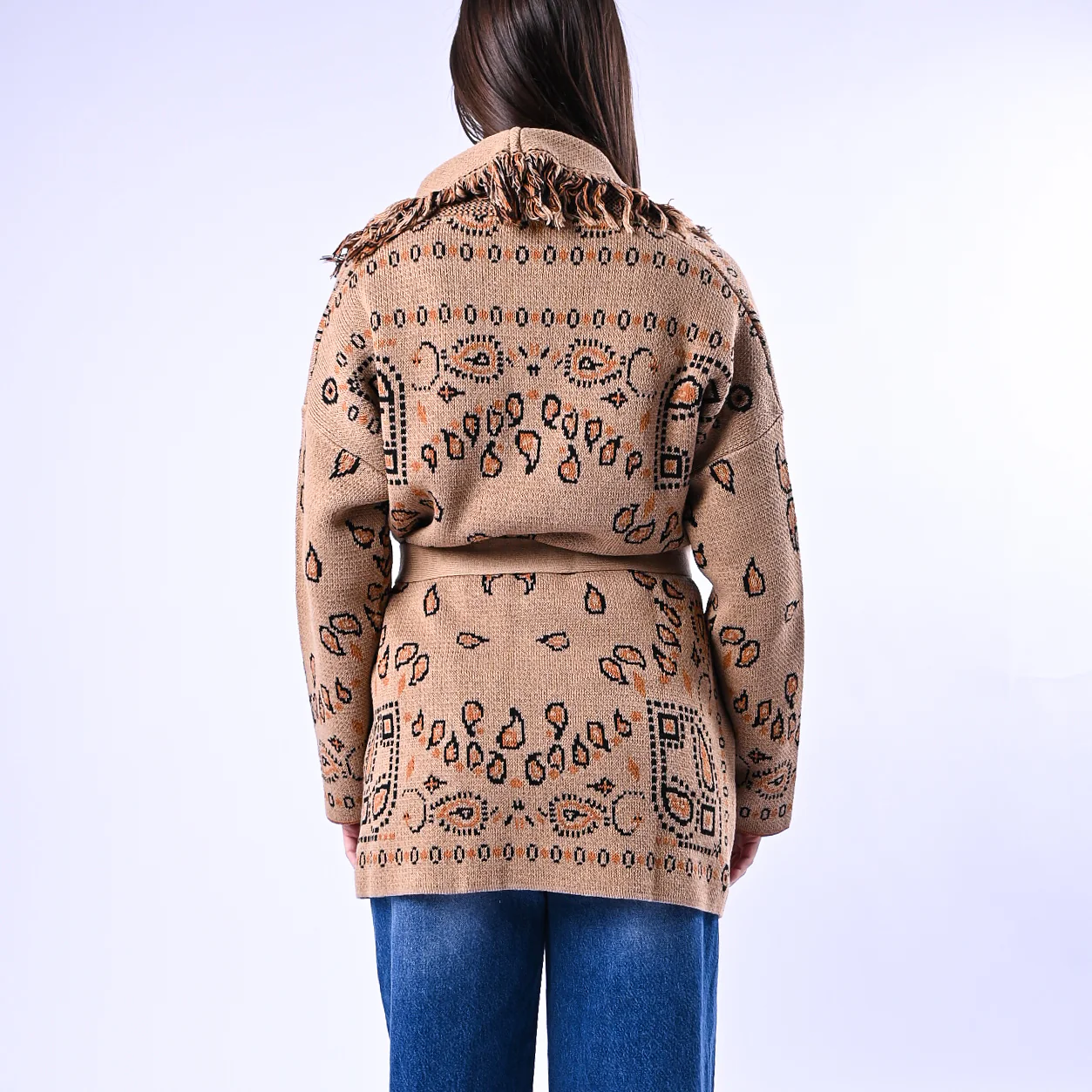 VICOLO - CARDIGAN STAMPA BANDANA E FRANGE ART.7AB7037 - CAMMELLO/NERO - Image 4