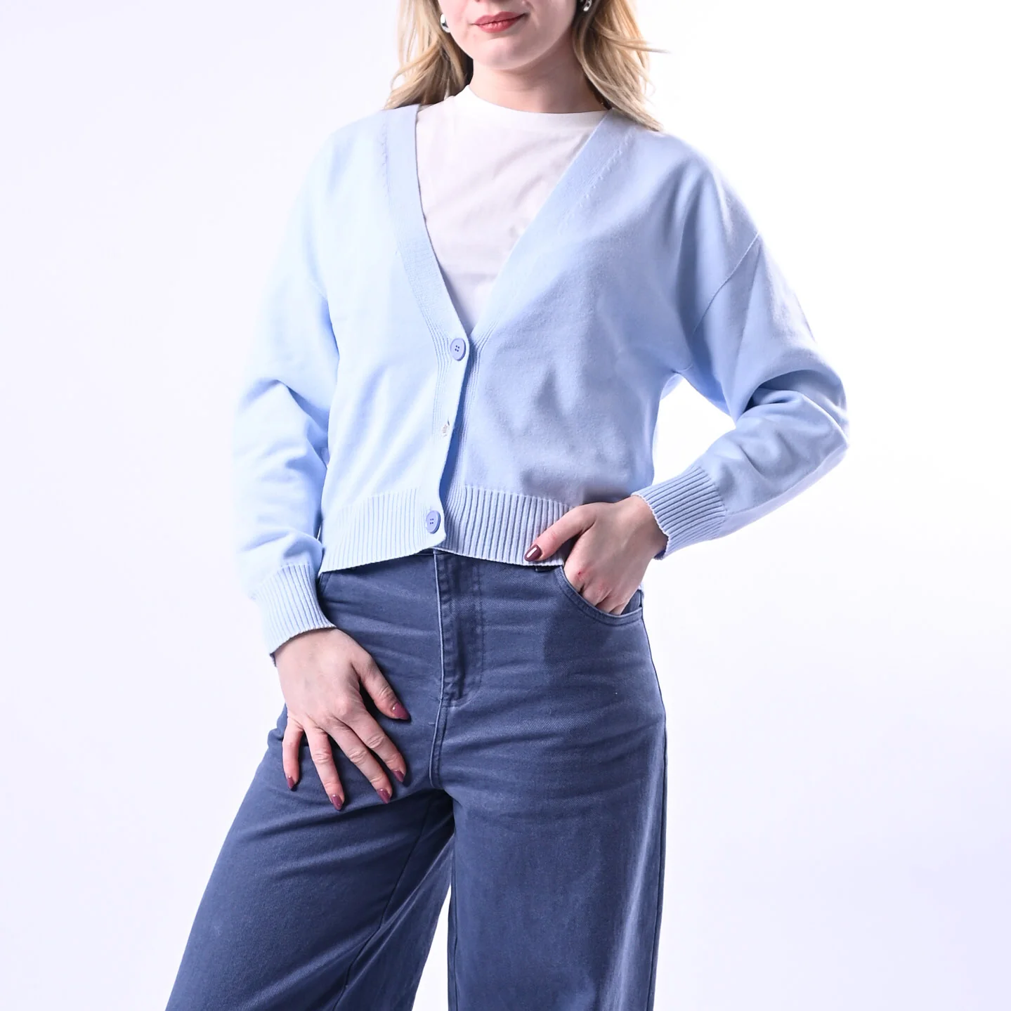 VICOLO - CARDIGAN VISCOSA BOTTONE GIOIELLO ART.7AB7056 - CELESTE