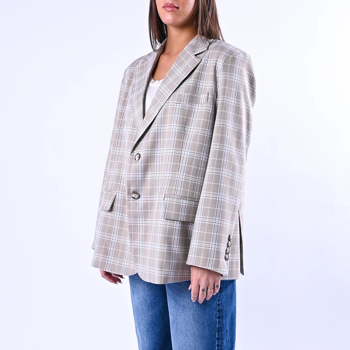 VICOLO - GIACCA SCOZZESE ASSIMETRICA ART.TAB0578 - BEIGE/CELESTE - Image 3