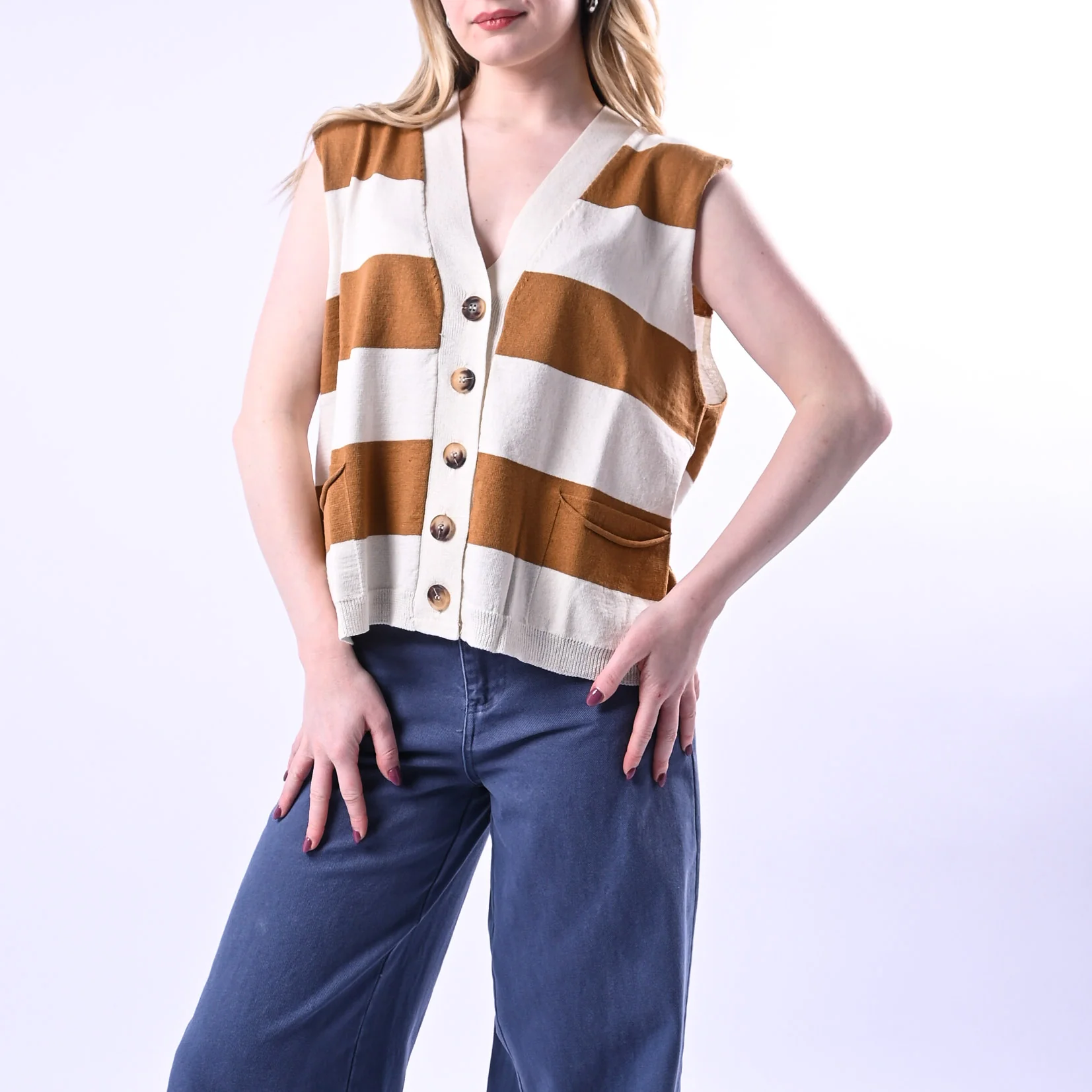 VICOLO - GILET OVER IN MAGLIA A RIGHE ART.24B3134 - BURRO/CAMMELLO