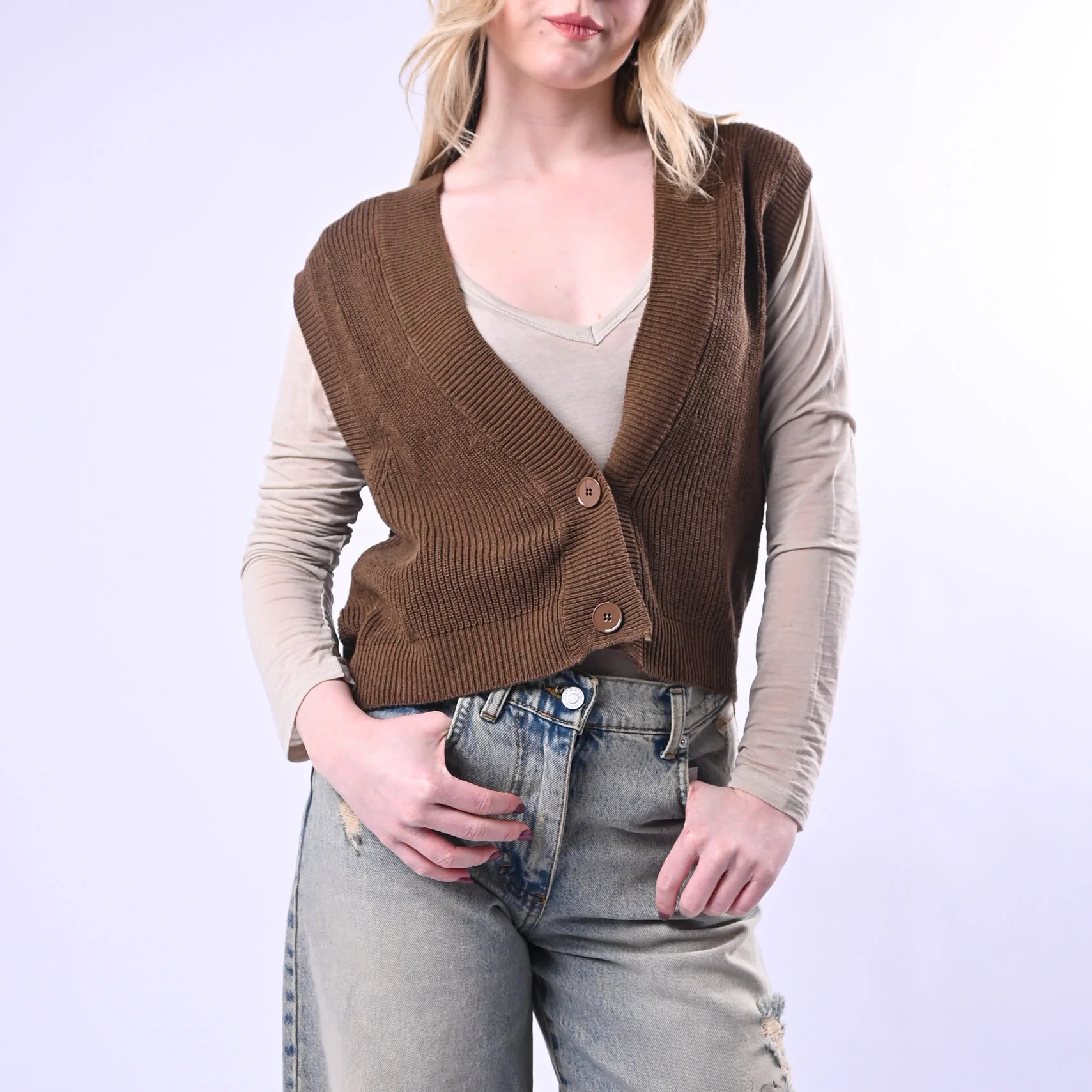 VICOLO - GILET IN MAGLIA COSTA INGLESE ART.7AB7070 - NOCCIOLA