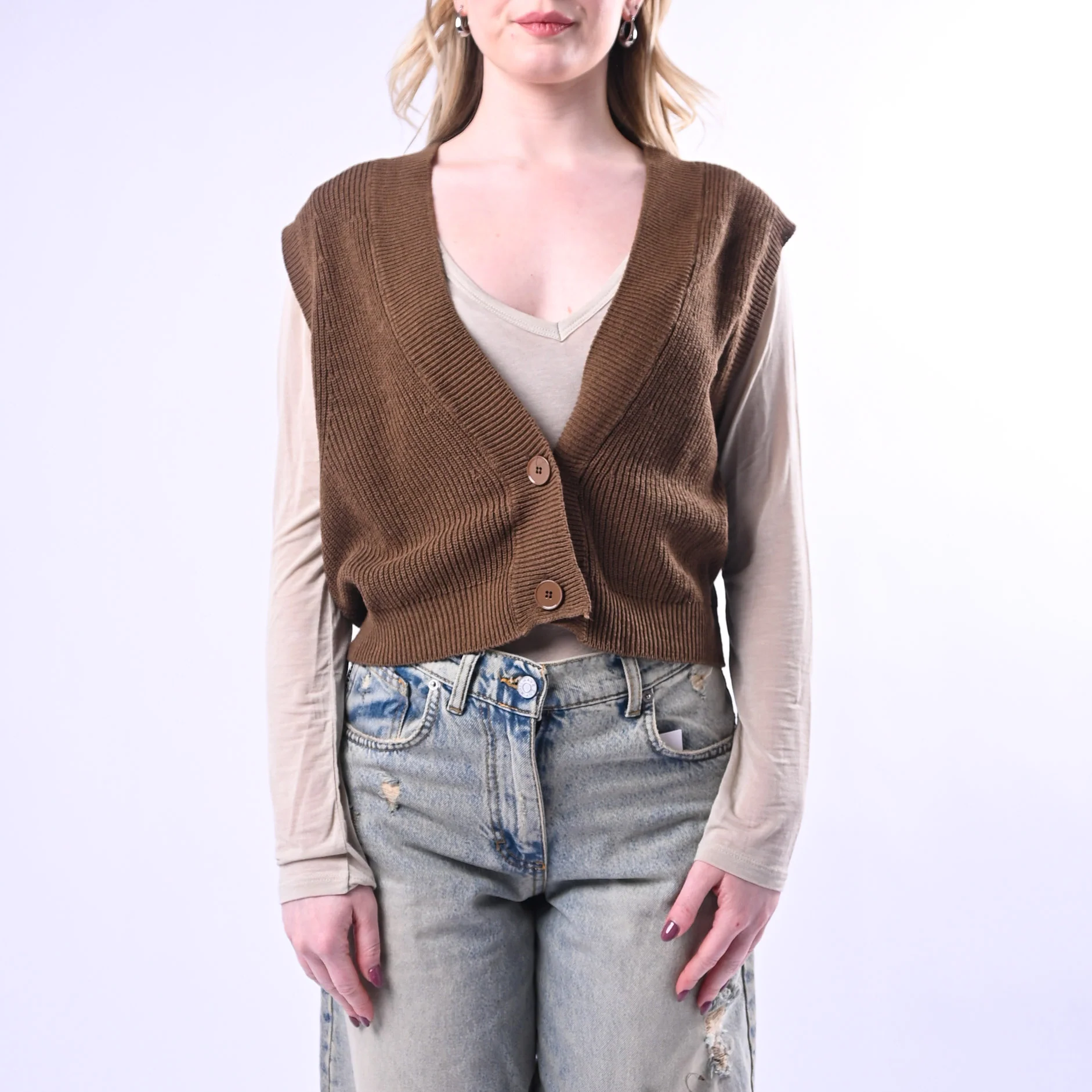 VICOLO - GILET IN MAGLIA COSTA INGLESE ART.7AB7070 - NOCCIOLA - Image 2