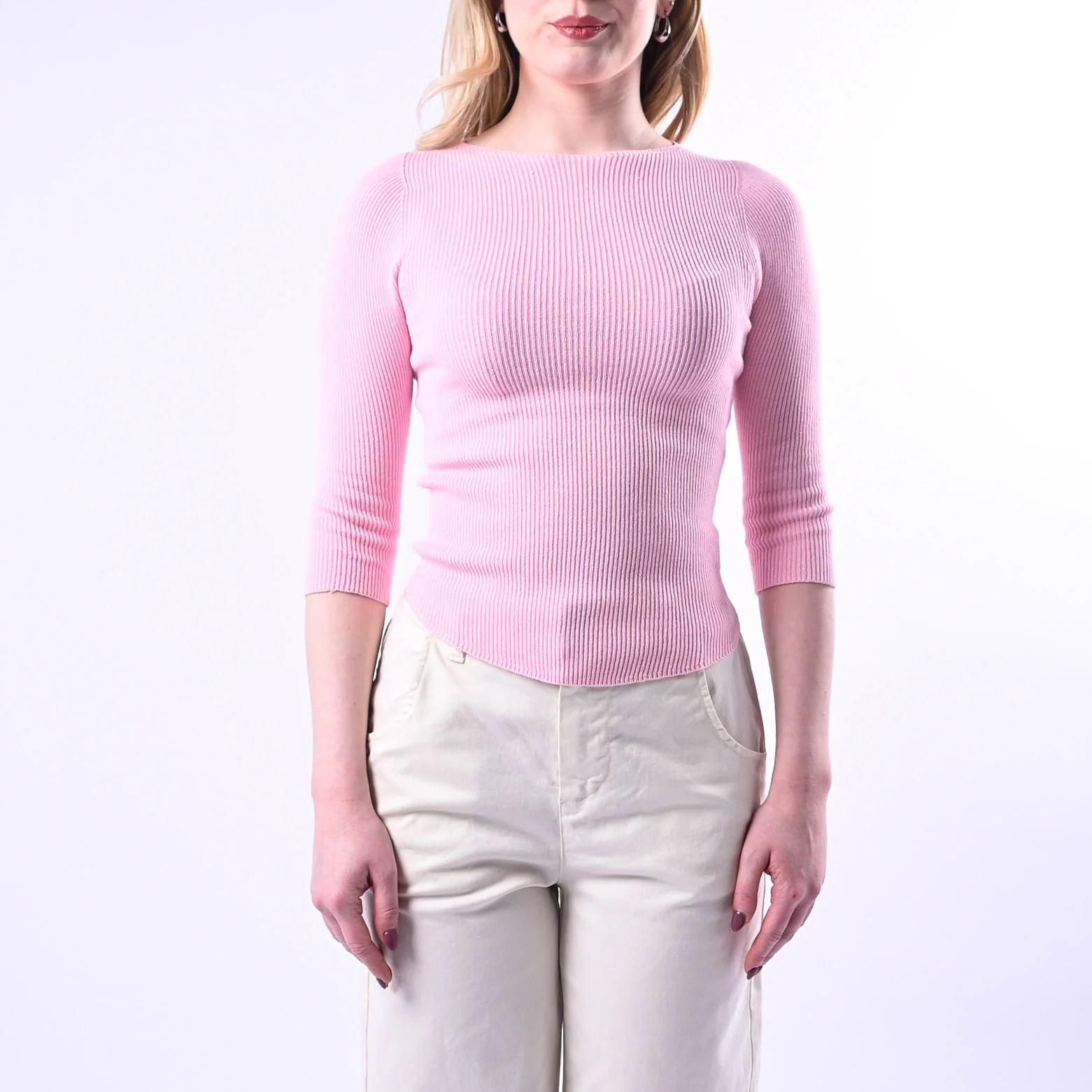 VICOLO - MAGLIA BARCHETTA A COSTINE IN VISCOSA ART.7AB7075 - ROSA - Image 2