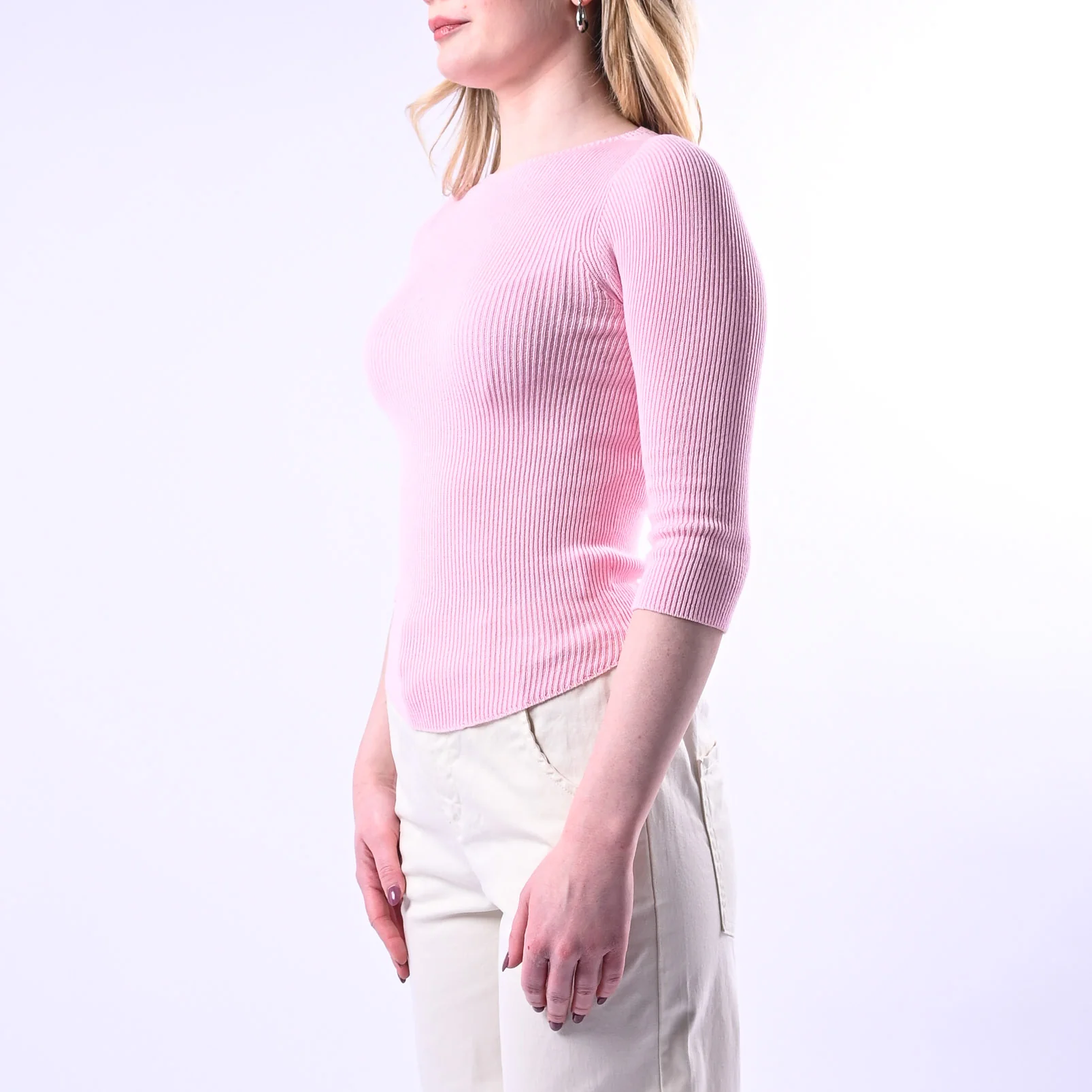 VICOLO - MAGLIA BARCHETTA A COSTINE IN VISCOSA ART.7AB7075 - ROSA - Image 3