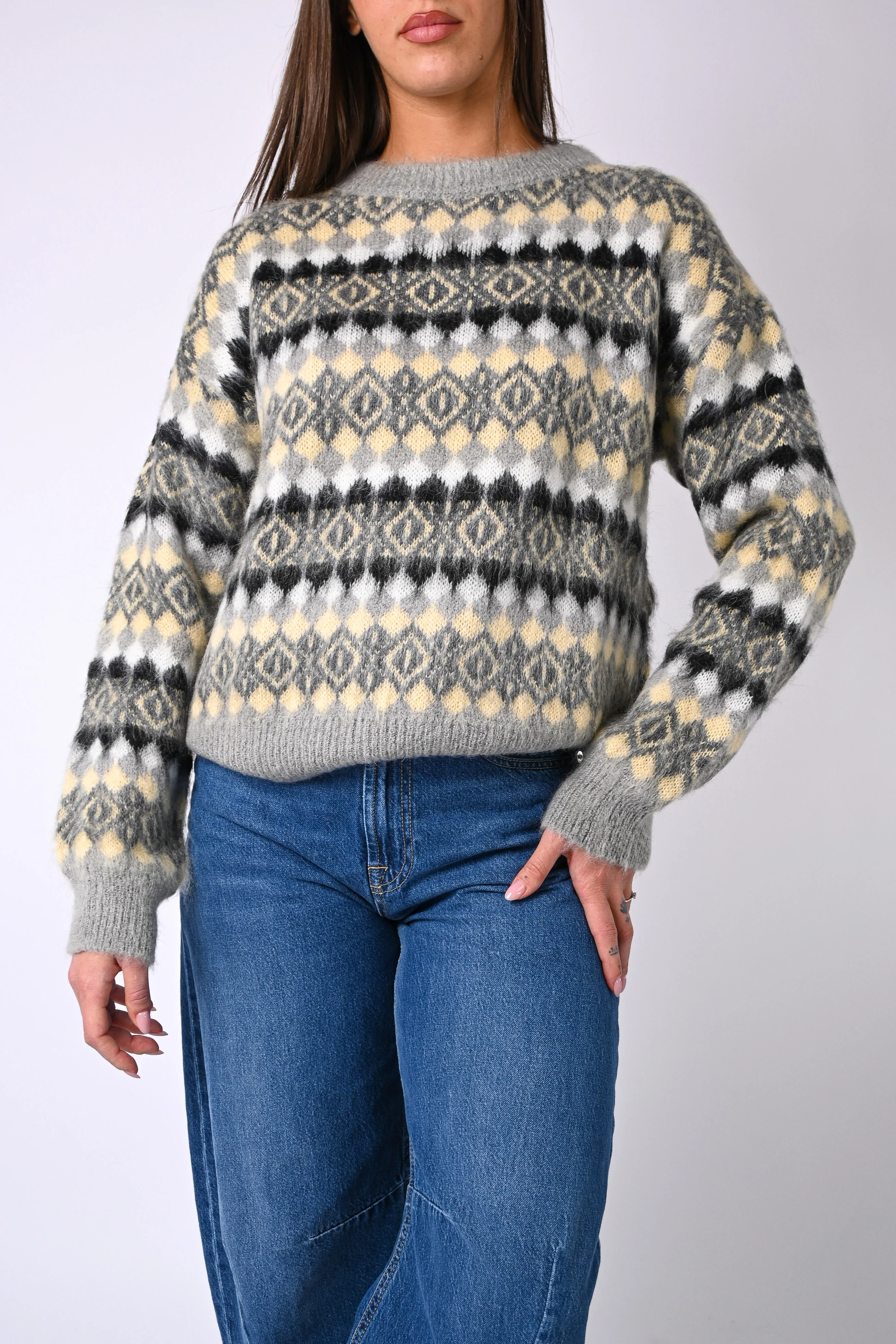 VICOLO - MAGLIA MOHAIR JACQUARD ART.55212F - PERLA/GIALLO