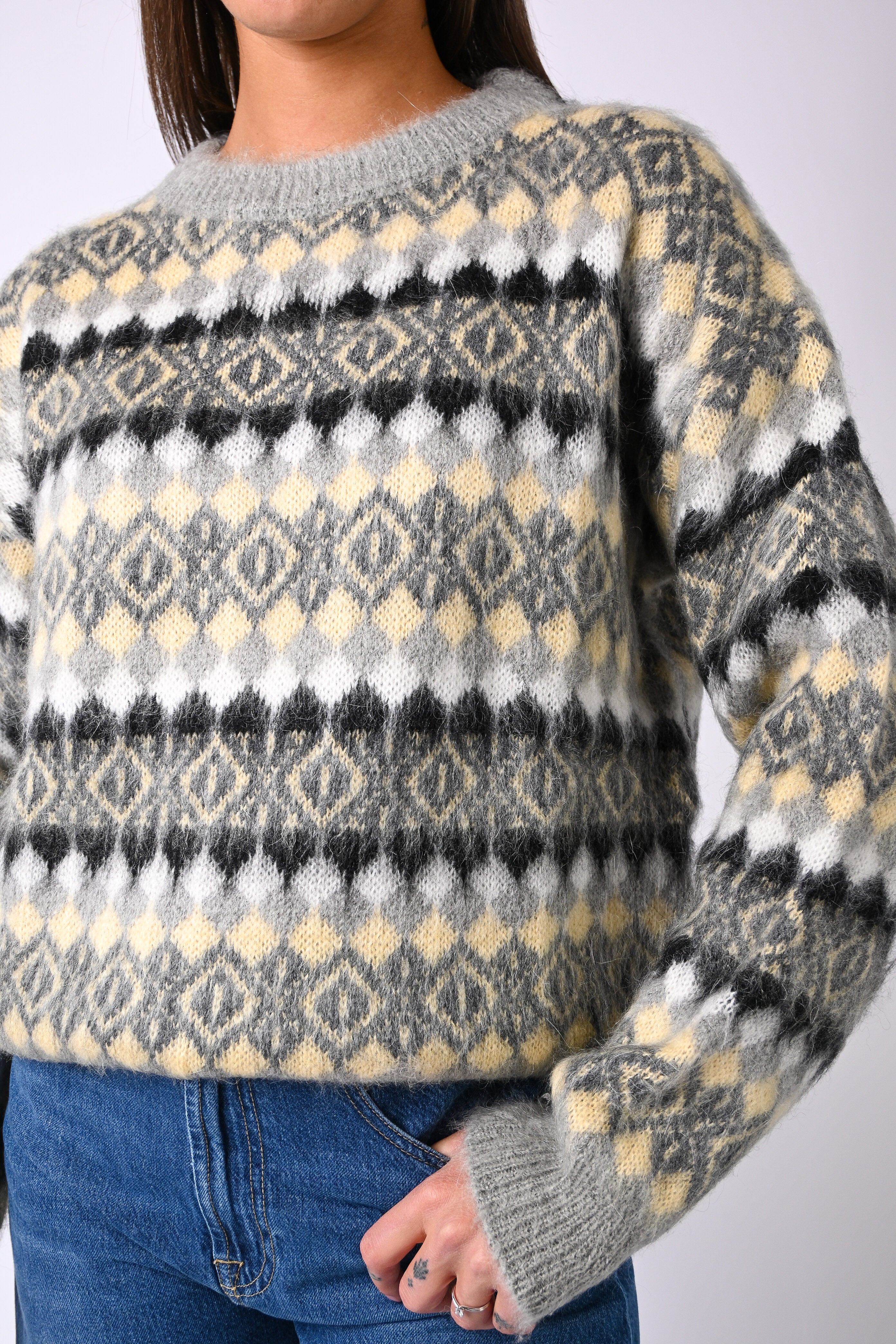 VICOLO - MAGLIA MOHAIR JACQUARD ART.55212F - PERLA/GIALLO - Image 5