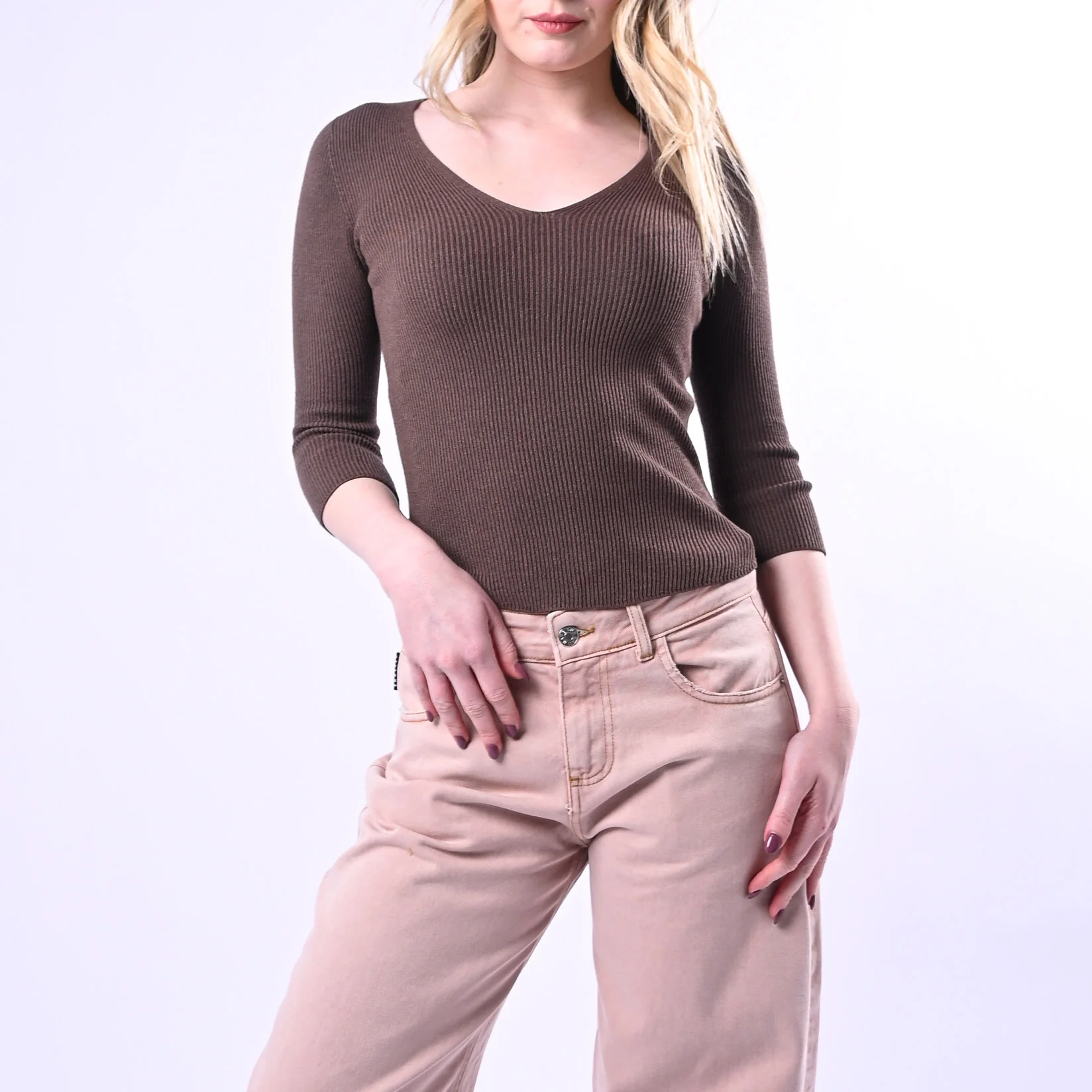 VICOLO - MAGLIA SCOLLO V COSTINE IN VISCOSA ART.7AB7078 - MORO