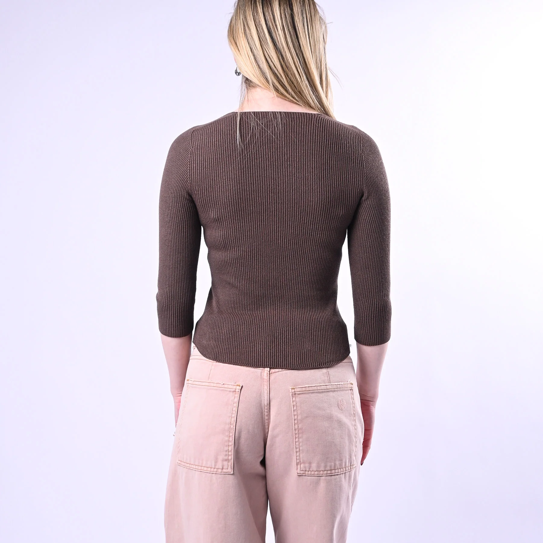 VICOLO - MAGLIA SCOLLO V COSTINE IN VISCOSA ART.7AB7078 - MORO - Image 4