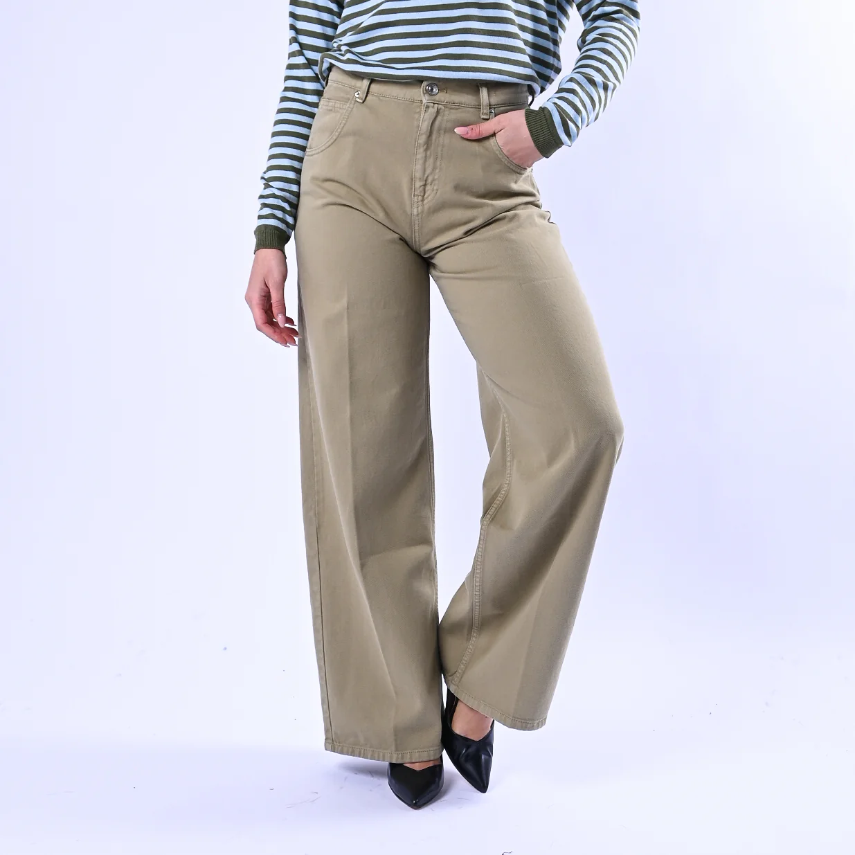 VICOLO - PANTALONE PALAZZO MIA IN BULL DENIM ART.DAB5148 - VERDE
