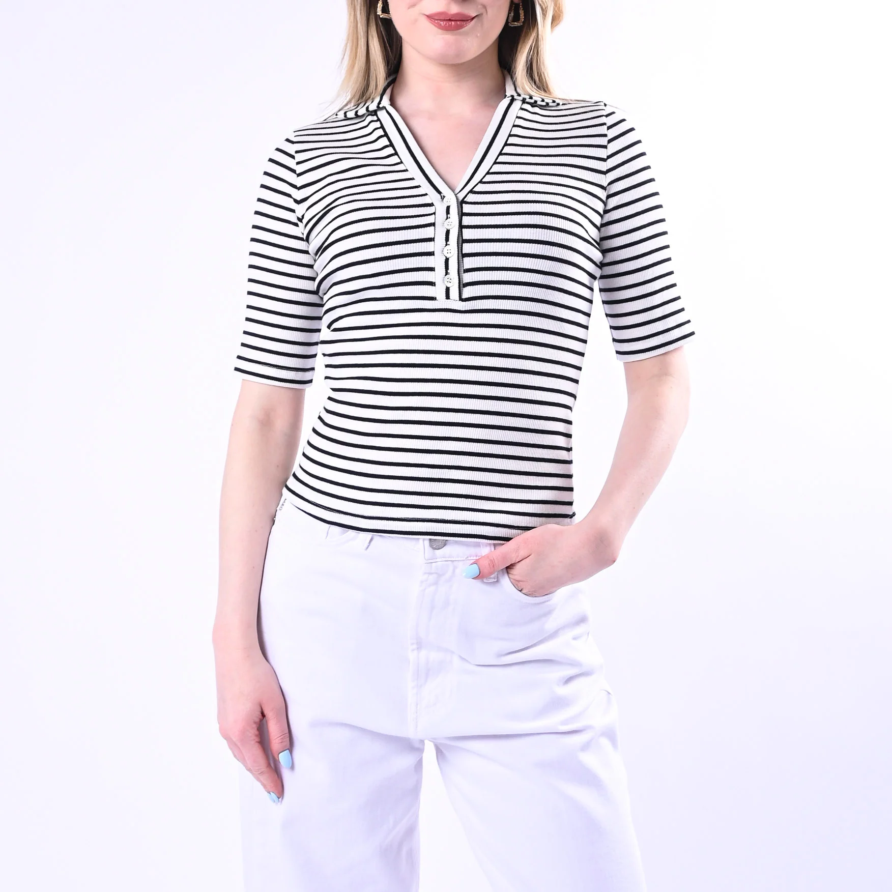 VICOLO - POLO RIGHE A COSTINE ART.UNB0342/BN - BIANCO/NERO