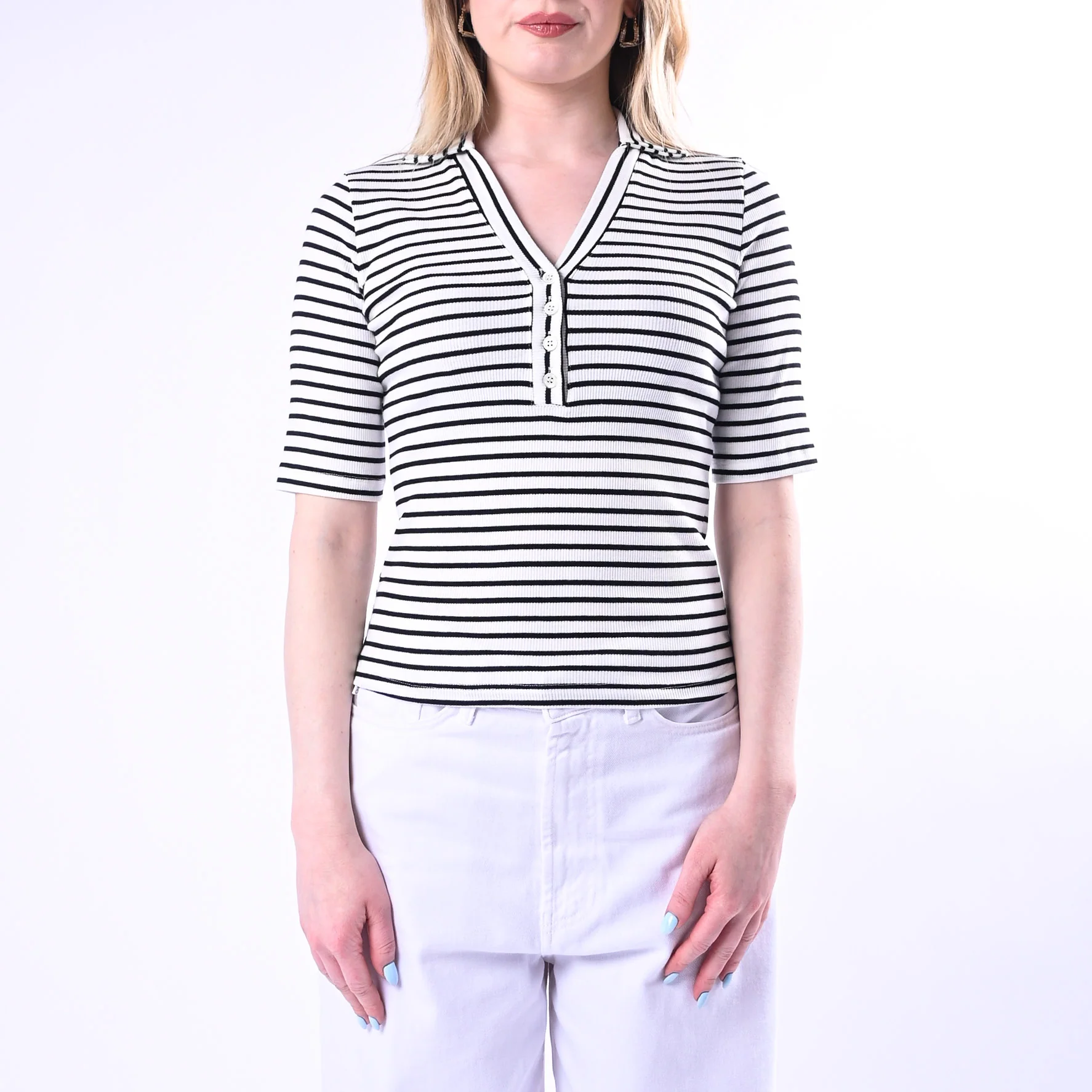 VICOLO - POLO RIGHE A COSTINE ART.UNB0342/BN - BIANCO/NERO - Image 2