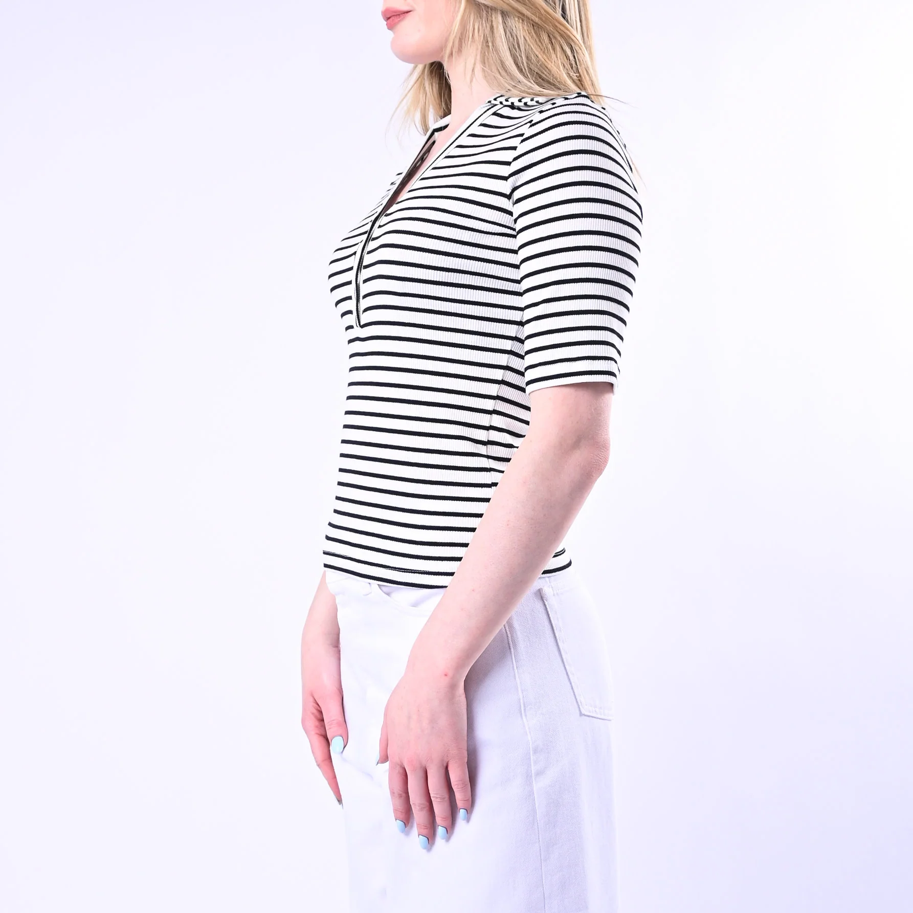 VICOLO - POLO RIGHE A COSTINE ART.UNB0342/BN - BIANCO/NERO - Image 3
