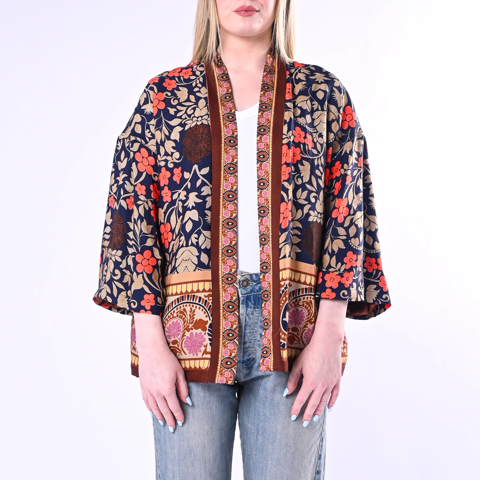 WU'SIDE - GIACCA/KIMONO FANTASIA FLOREALE ART.26278/B - BLU/ARANCIO/MORO - Image 2