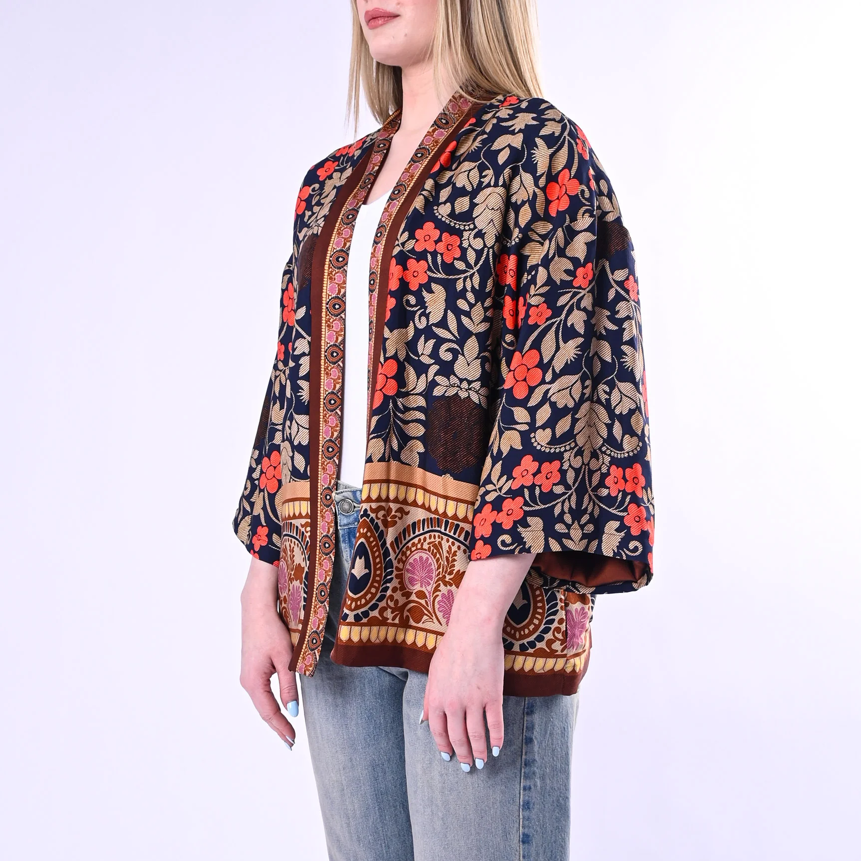 WU'SIDE - GIACCA/KIMONO FANTASIA FLOREALE ART.26278/B - BLU/ARANCIO/MORO - Image 3