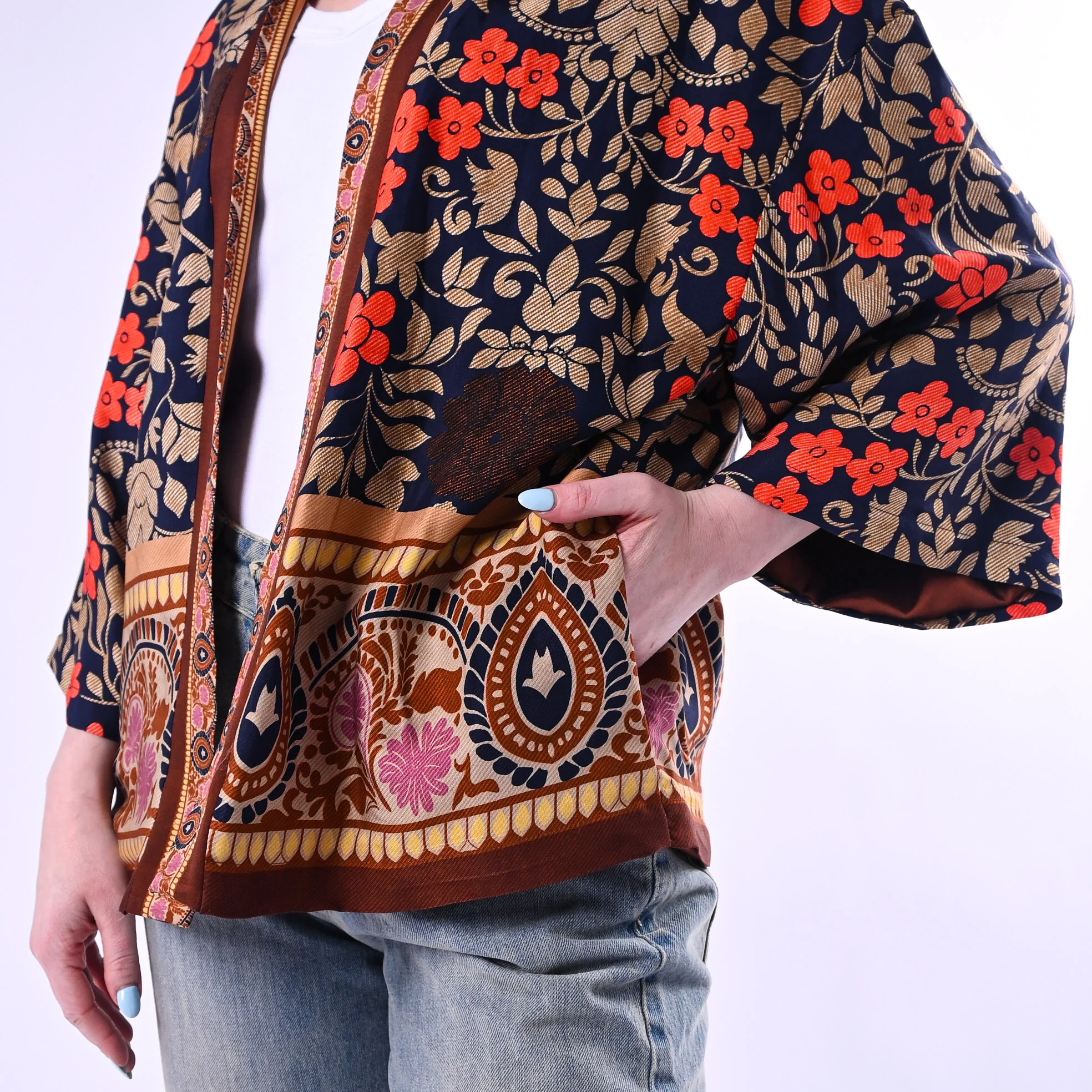 WU'SIDE - GIACCA/KIMONO FANTASIA FLOREALE ART.26278/B - BLU/ARANCIO/MORO - Image 5