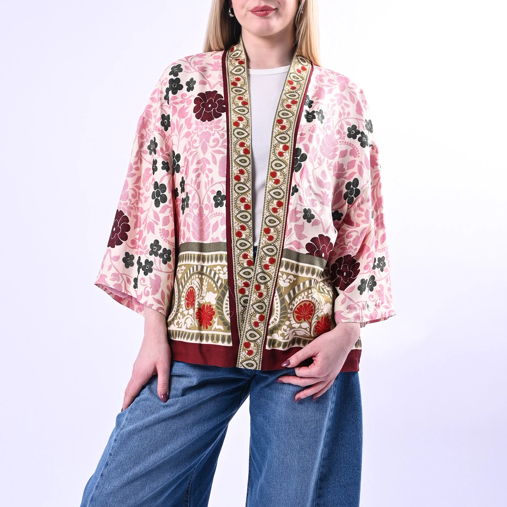 WU'SIDE - GIACCA/KIMONO FANTASIA FLOREALE ART.26278 - ROSA/VERDE/BORDEAUX