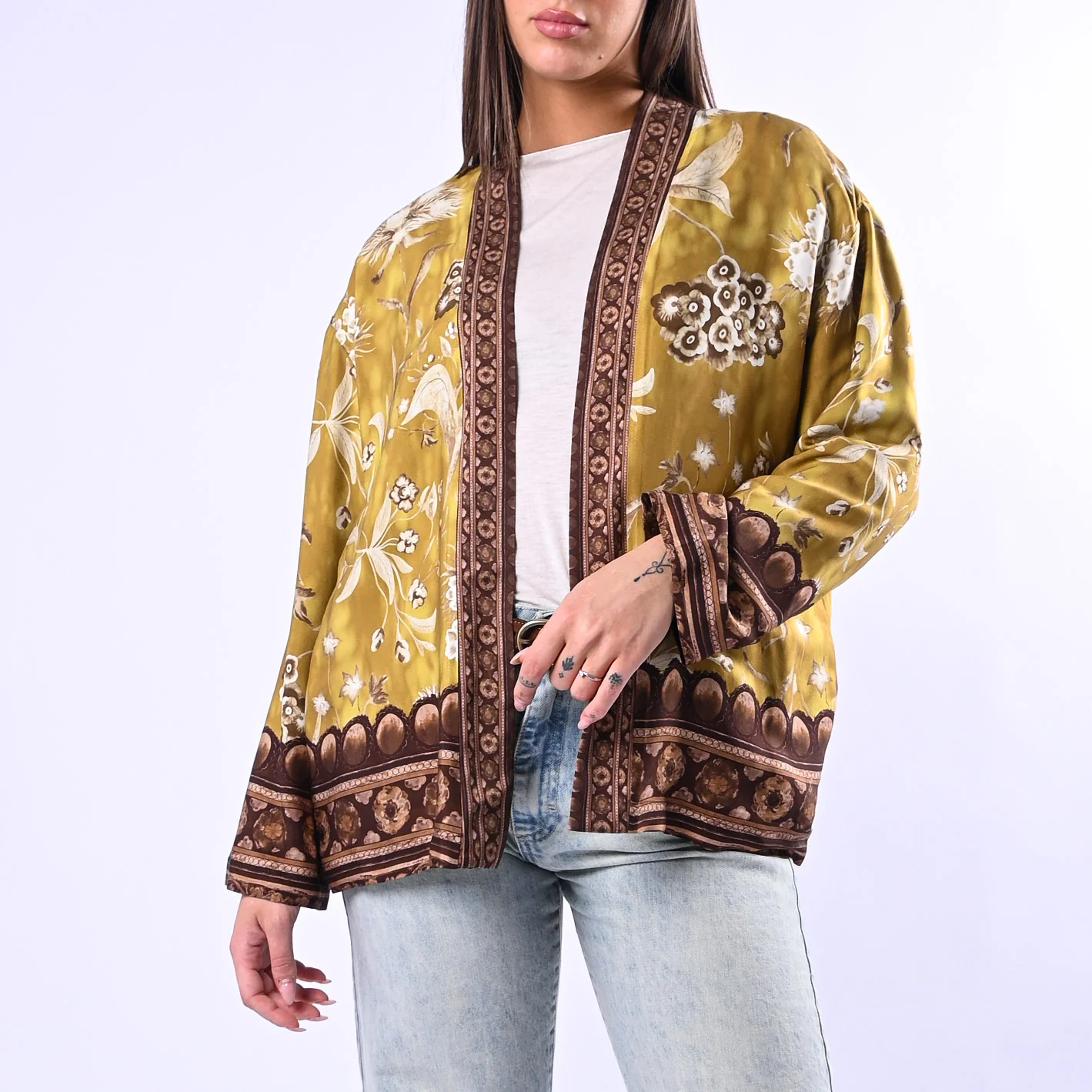 WU'SIDE - GIACCA/KIMONO FANTASIA FLOREALE ART.26296 - SENAPE/MORO