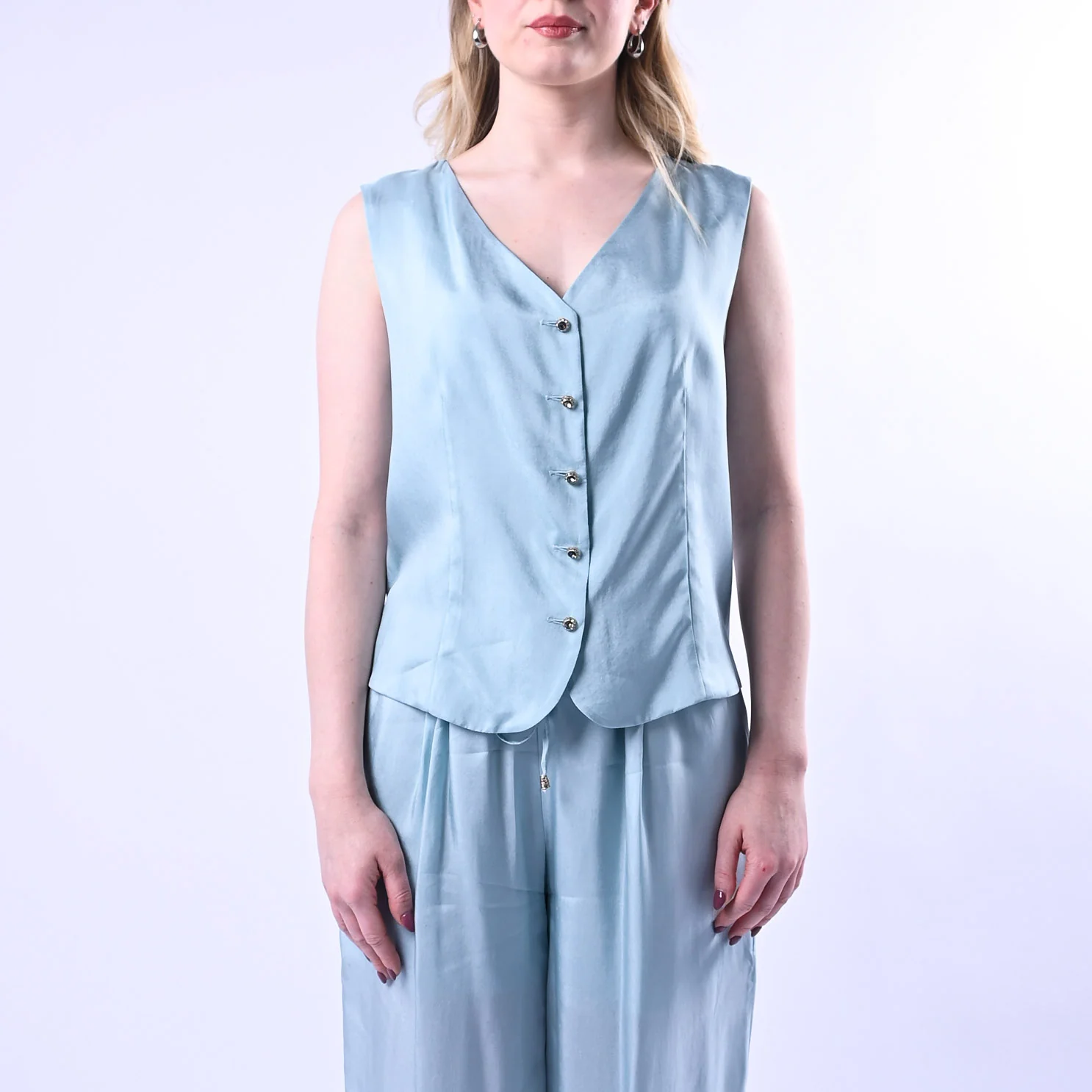 WU'SIDE - GILET FLUIDO CON BOTTONI GIOIELLO ART.26293 - CIELO - Image 3