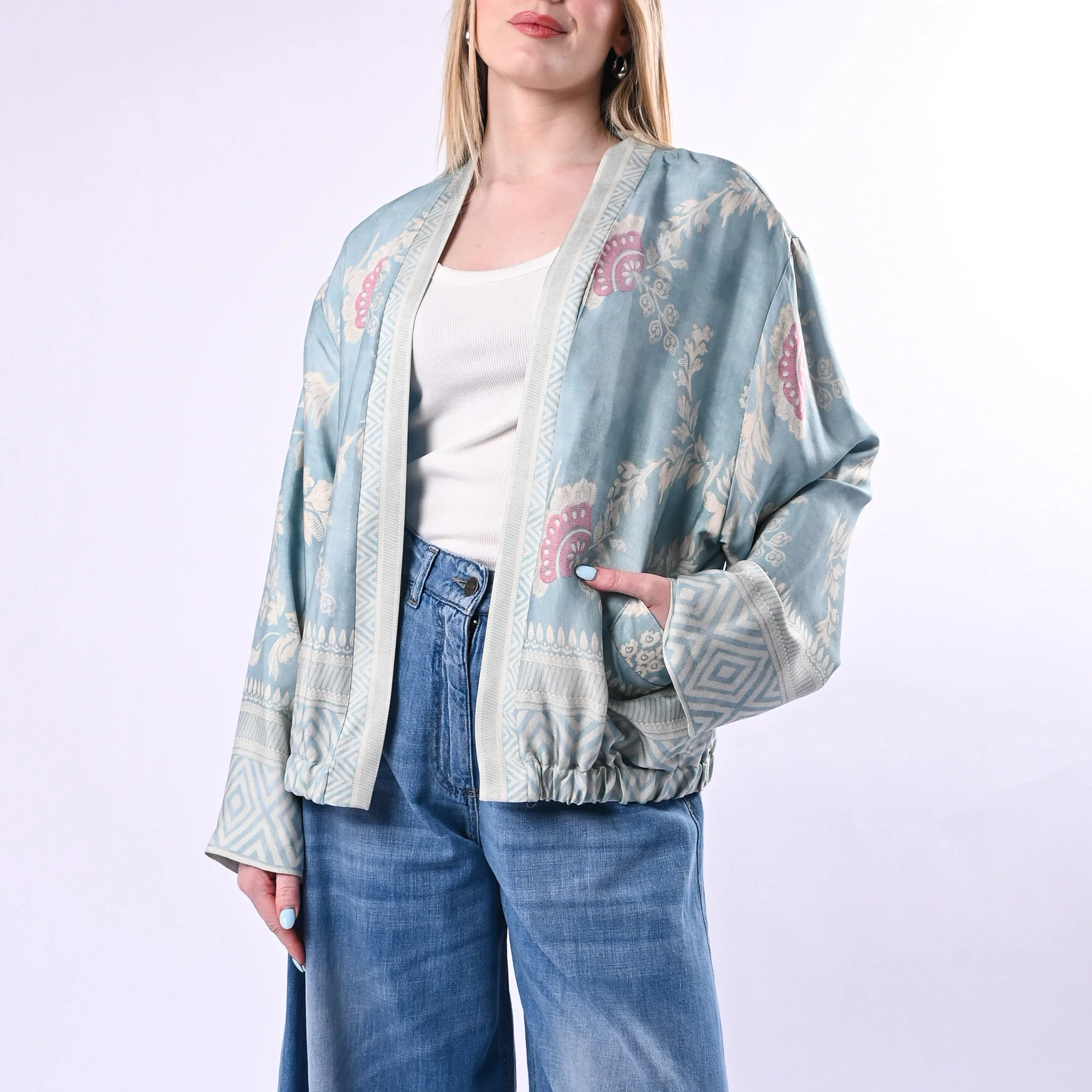 WU'SIDE - KIMONO/BOMBER FANTASIA FLOREALE ART.26285/A - AZZURRO