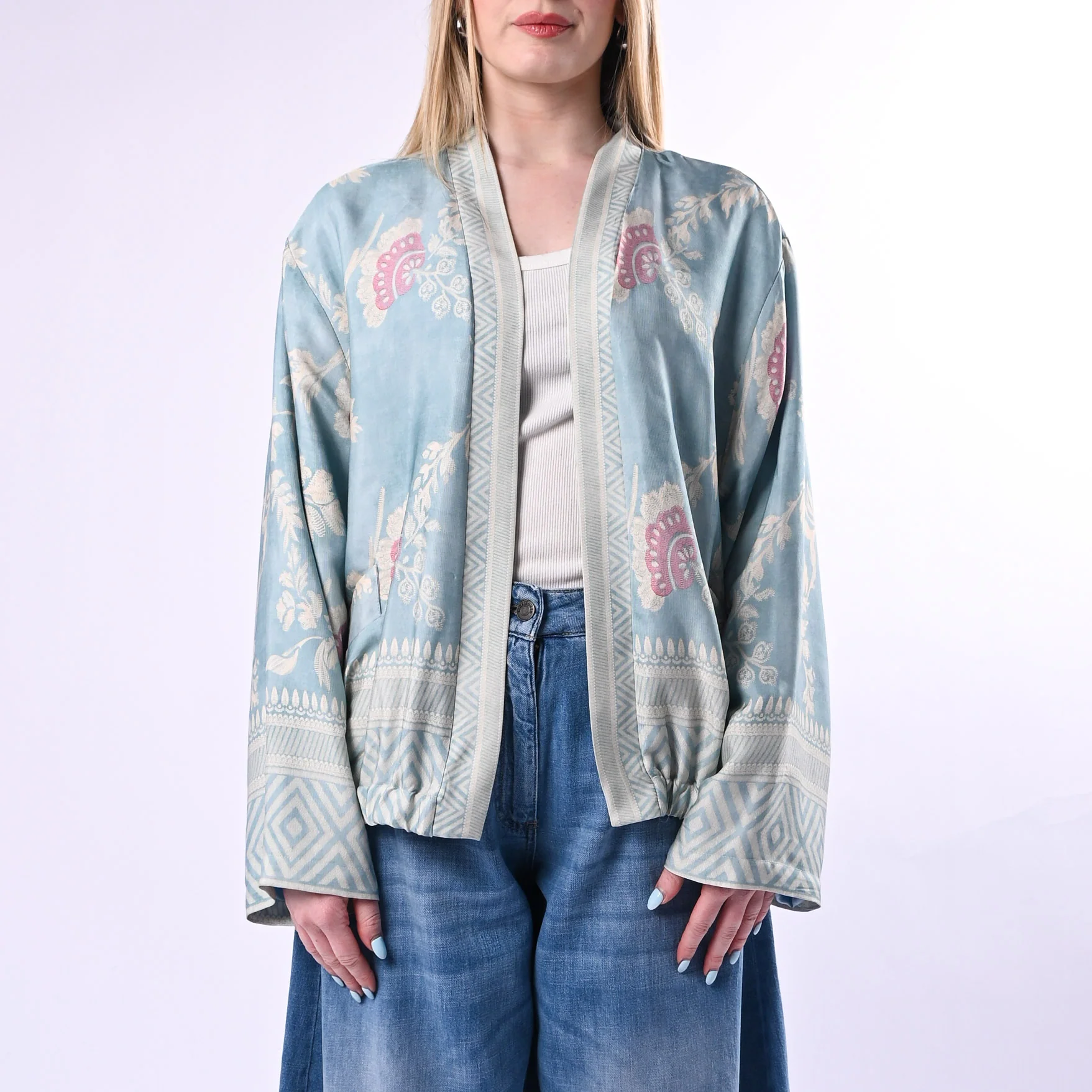 WU'SIDE - KIMONO/BOMBER FANTASIA FLOREALE ART.26285/A - AZZURRO - Image 2