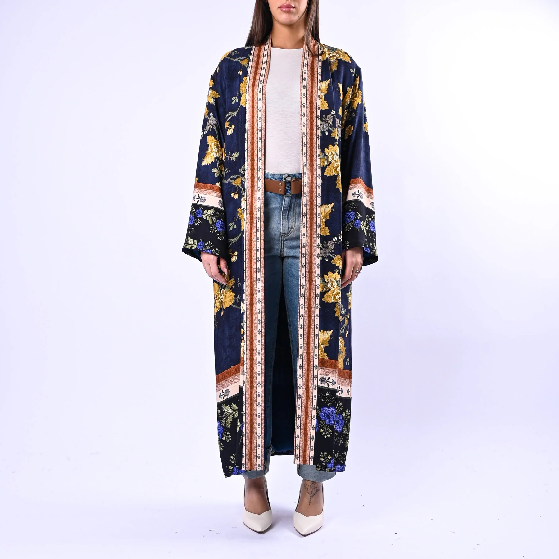 WU'SIDE - KIMONO LUNGO FANTASIA FLOREALE ART.26258 - BLU/ORO/PANNA - Image 2