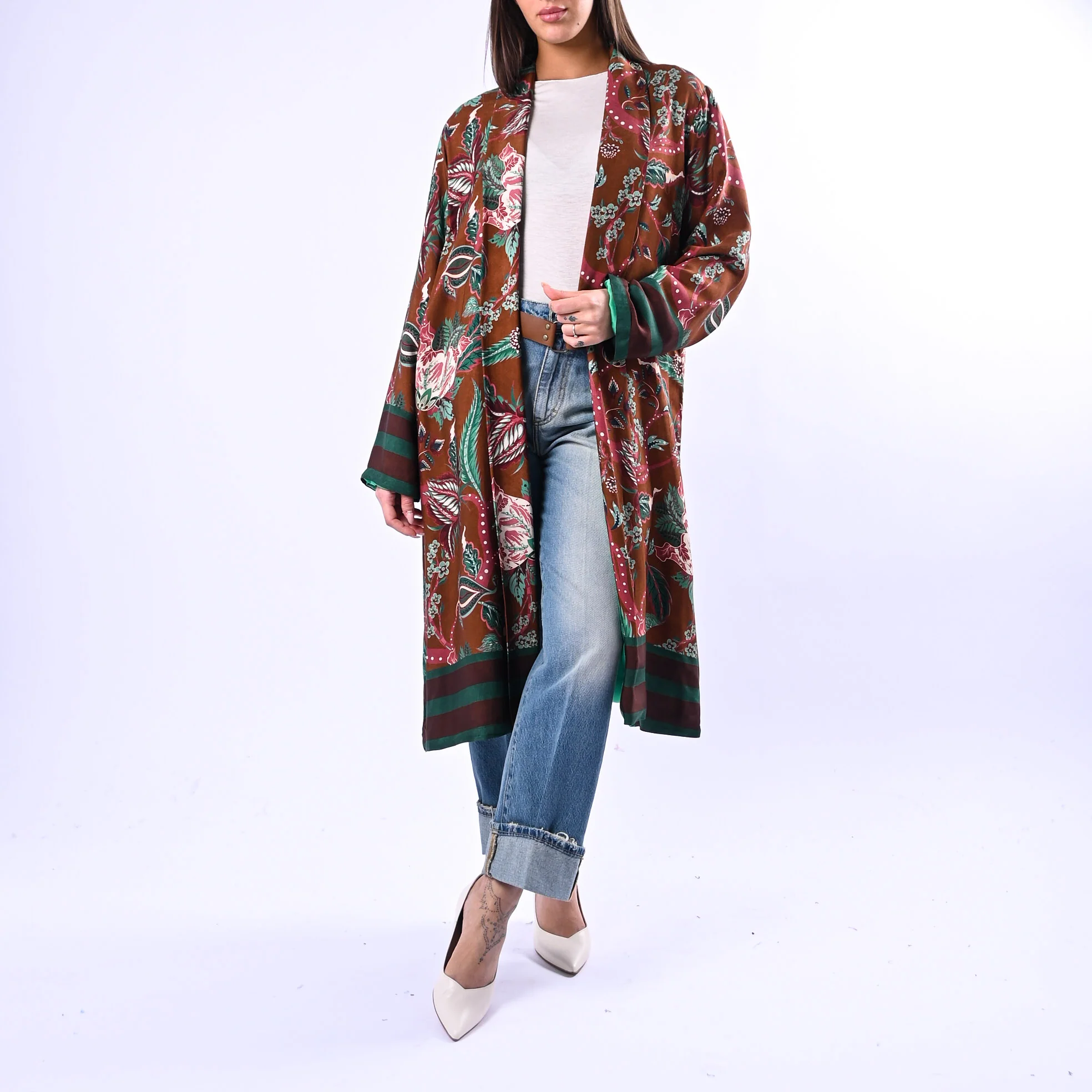 WU'SIDE - KIMONO MEDIO FANTASIA FLOREALE ART.25288N - MARRONE/TURCHESE