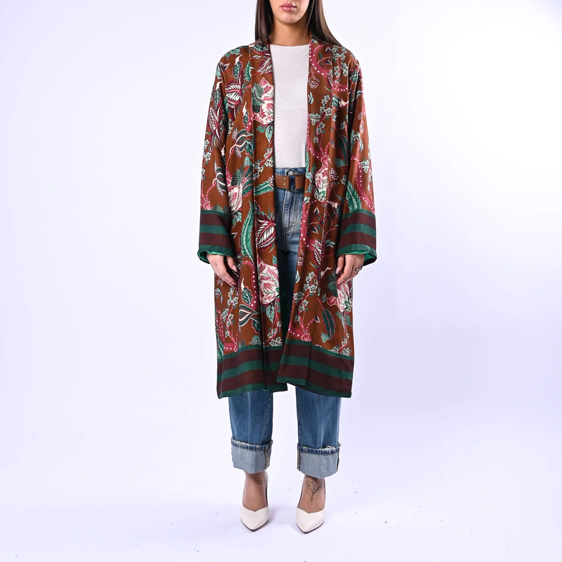 WU'SIDE - KIMONO MEDIO FANTASIA FLOREALE ART.25288N - MARRONE/TURCHESE - Image 2