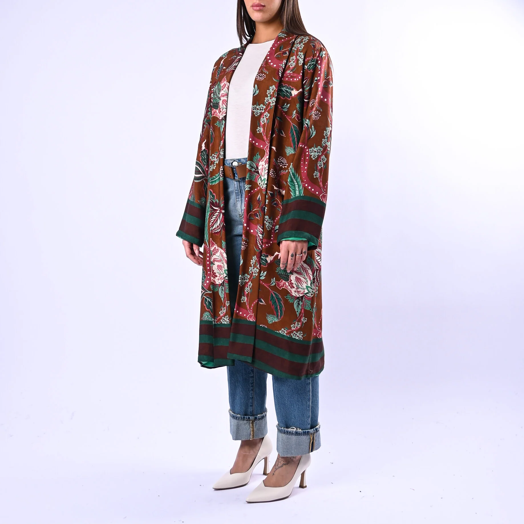 WU'SIDE - KIMONO MEDIO FANTASIA FLOREALE ART.25288N - MARRONE/TURCHESE - Image 3