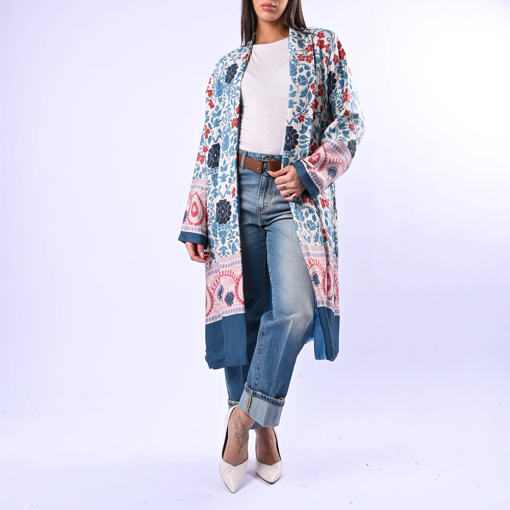 WU'SIDE - KIMONO MEDIO FANTASIA FLOREALE ART.26268 - AZZURRO/PANNA/ROSA
