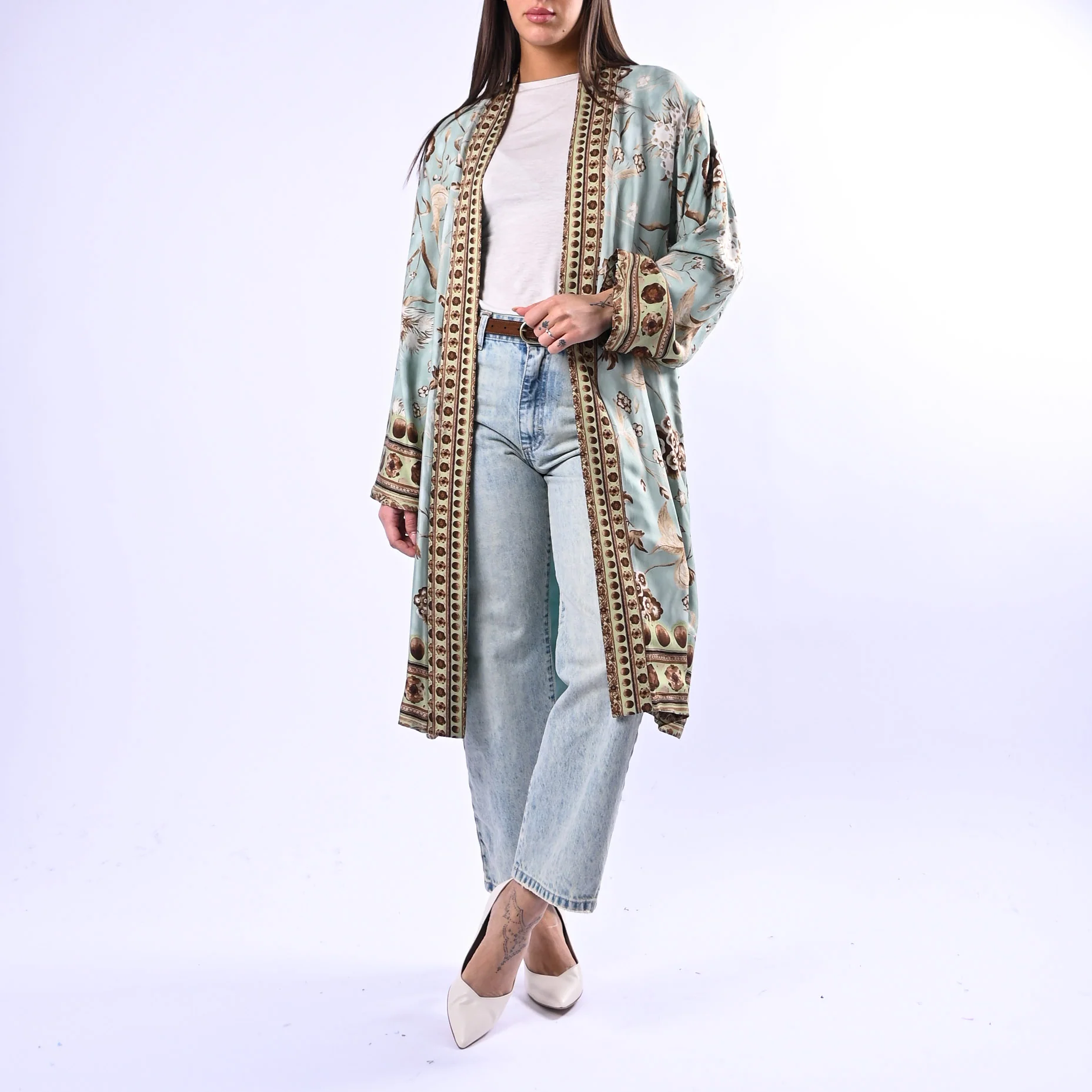 WU'SIDE - KIMONO MEDIO FANTASIA FLOREALE ART.26298 - MENTA/BEIGE
